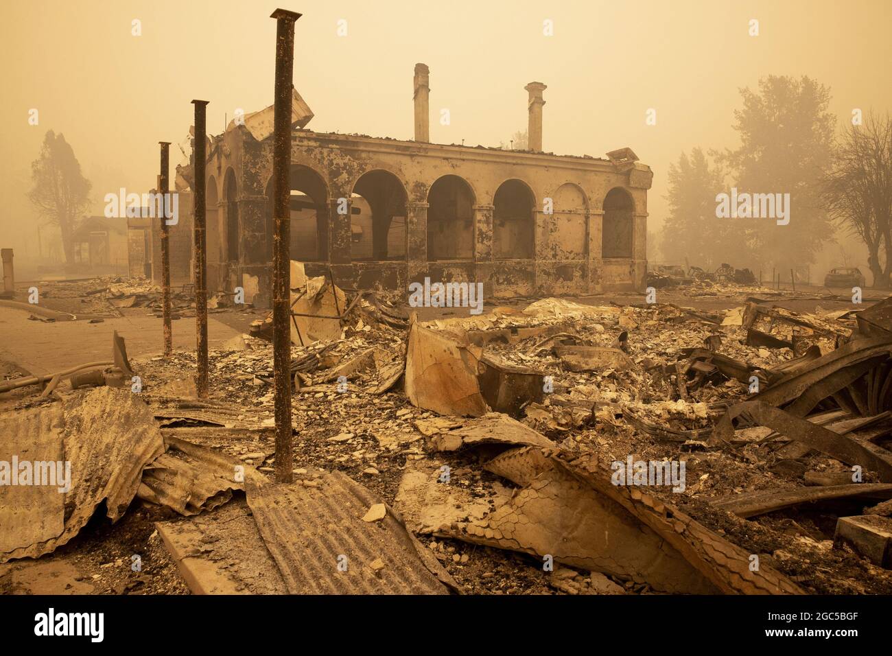 Greenville, USA. 06th Aug, 2021. The burned out remains of buildings along Main Street in the