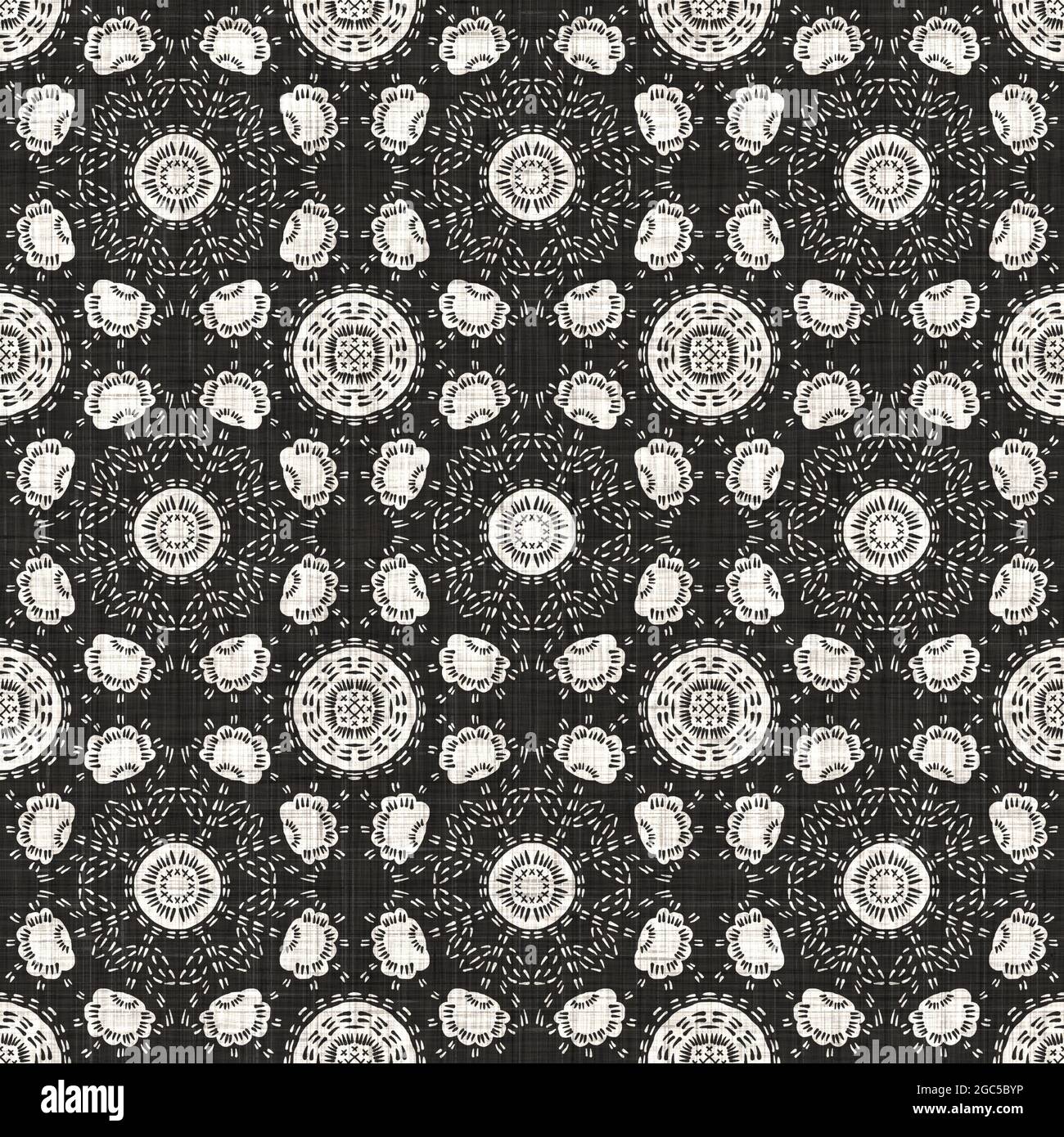 Seamless black white woven cloth floral linen texture. Two tone ...