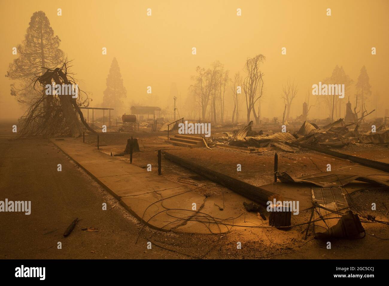 Greenville, USA. 06th Aug, 2021. A burned down neighborhood off Main Street is seen in the