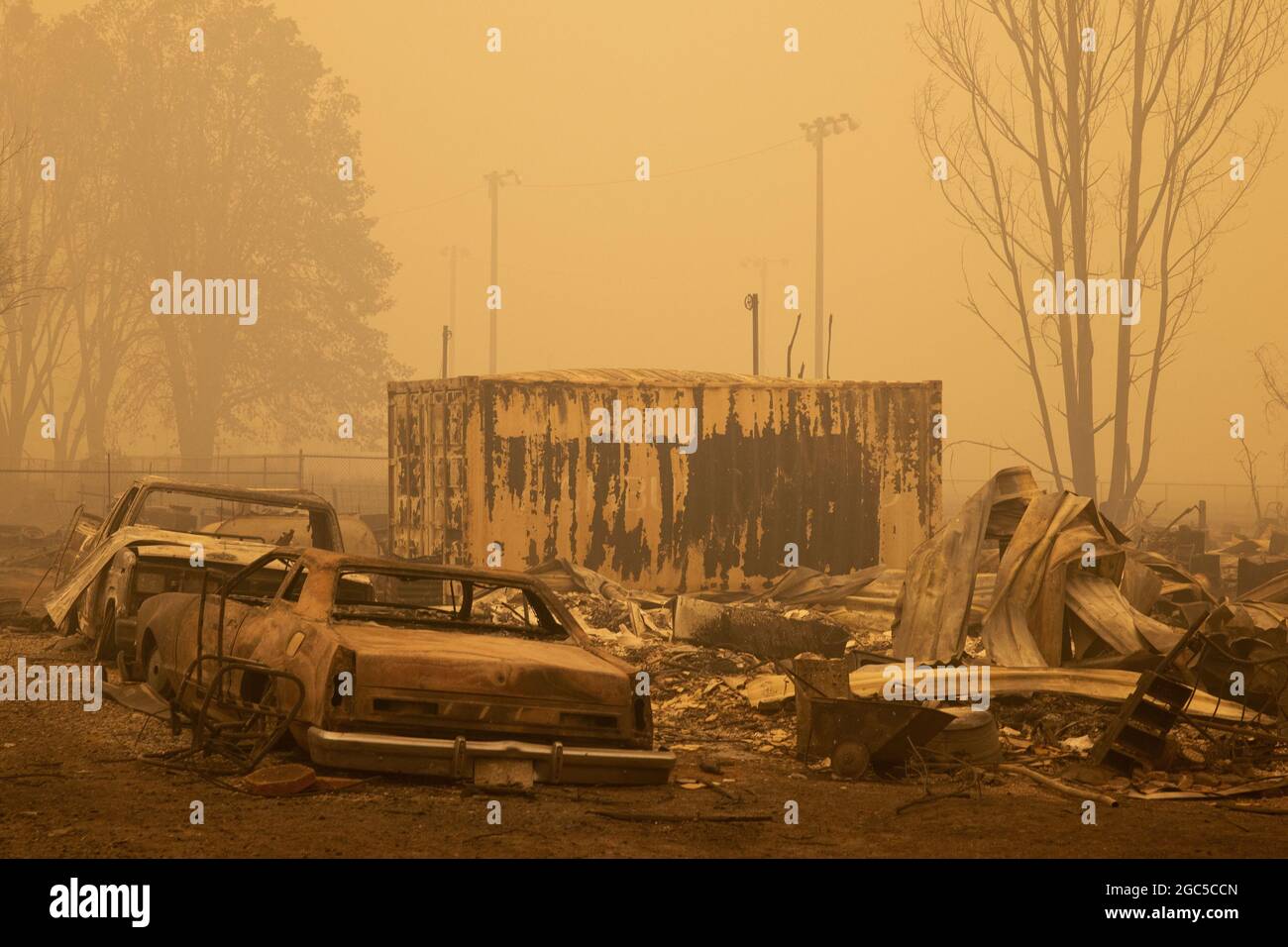 Greenville, USA. 06th Aug, 2021. A burned out neighborhood off Main Street is seen in the