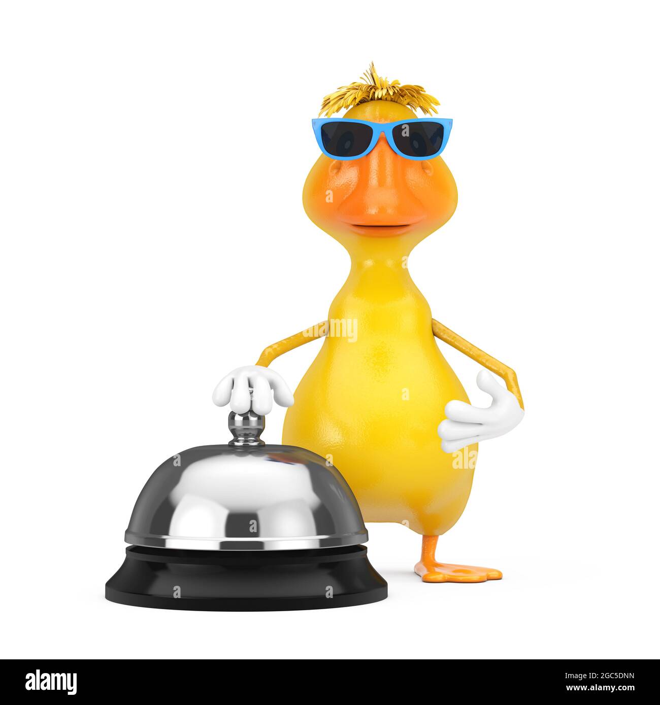 Cute Yellow Cartoon Duck Person Character Mascot with Hotel Service Bell Call on a white background. 3d Rendering Stock Photo