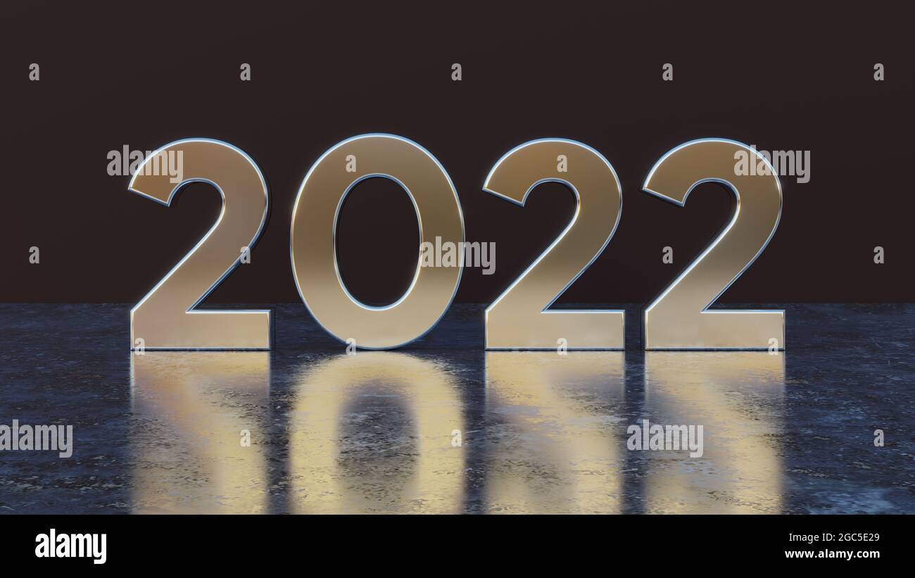 happy new year 2022 text metal effect 3d numbers with black isolated background . for greeting card, banner, poster . 3d illustration rendering . Stock Photo