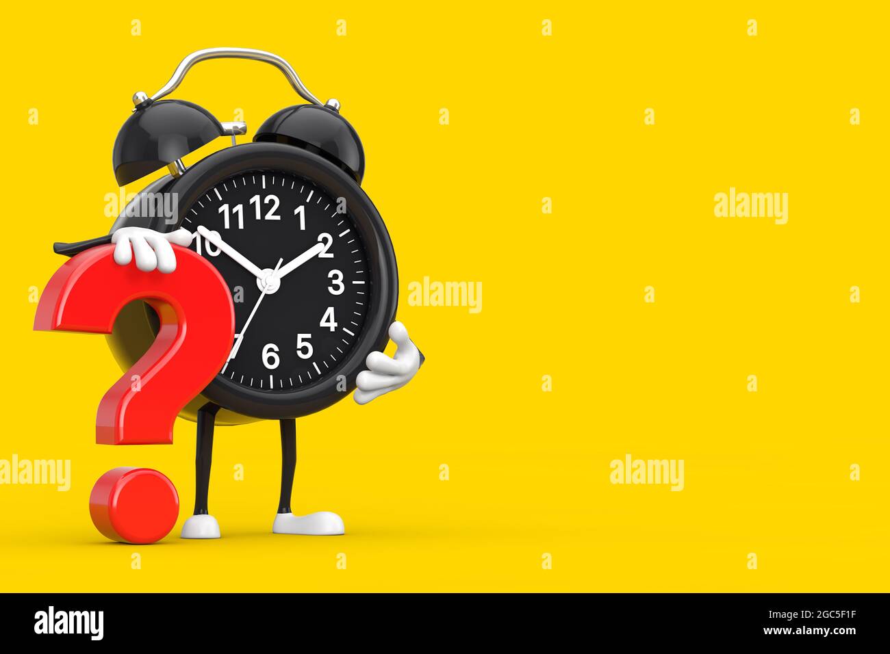 Alarm Clock Person Character Mascot with Red Question Mark Sign on a
