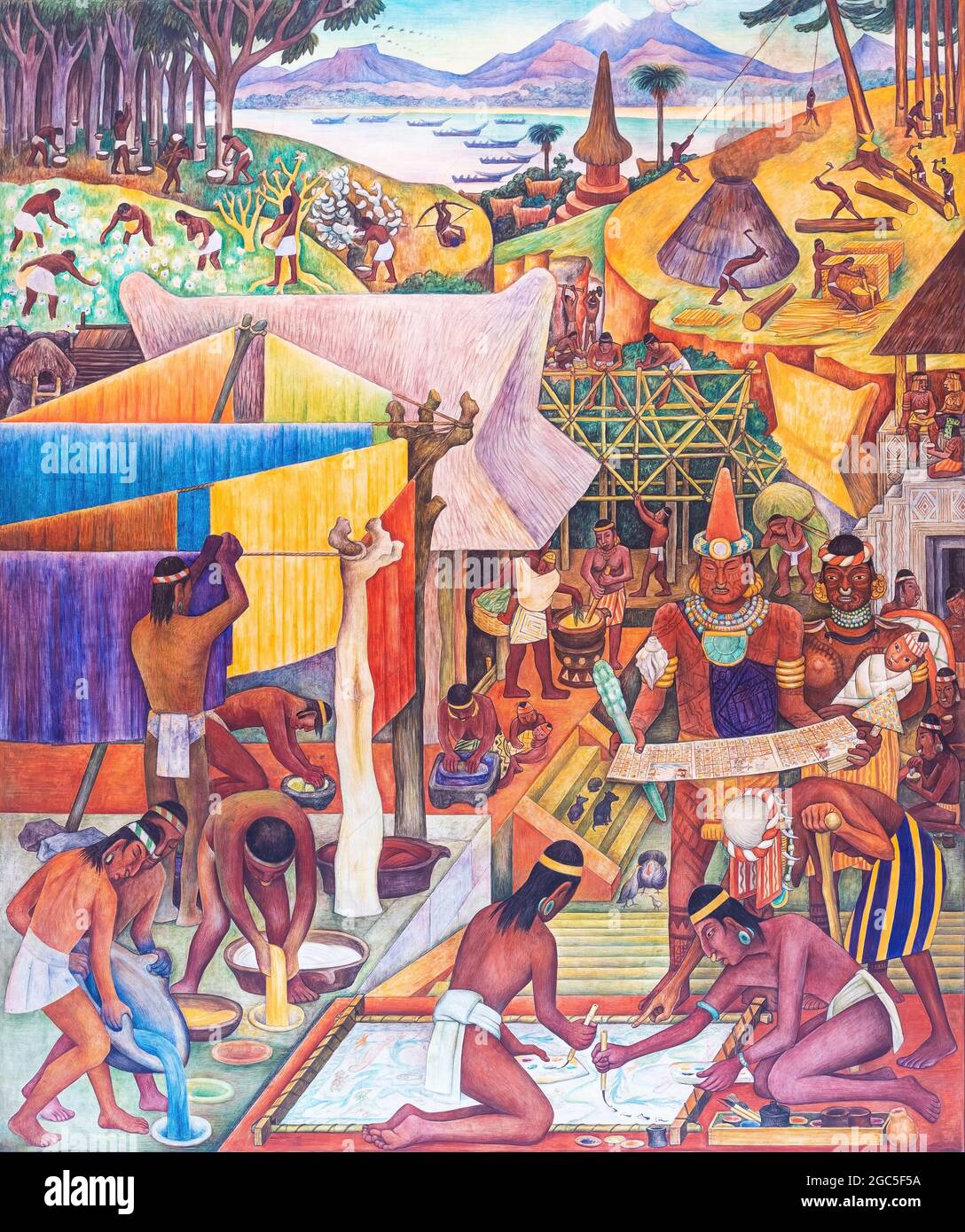 Diego Rivera mural of painters and dyers in Tenochtitlan, Presidencial Palace, Mexico City, Mexico. Stock Photo