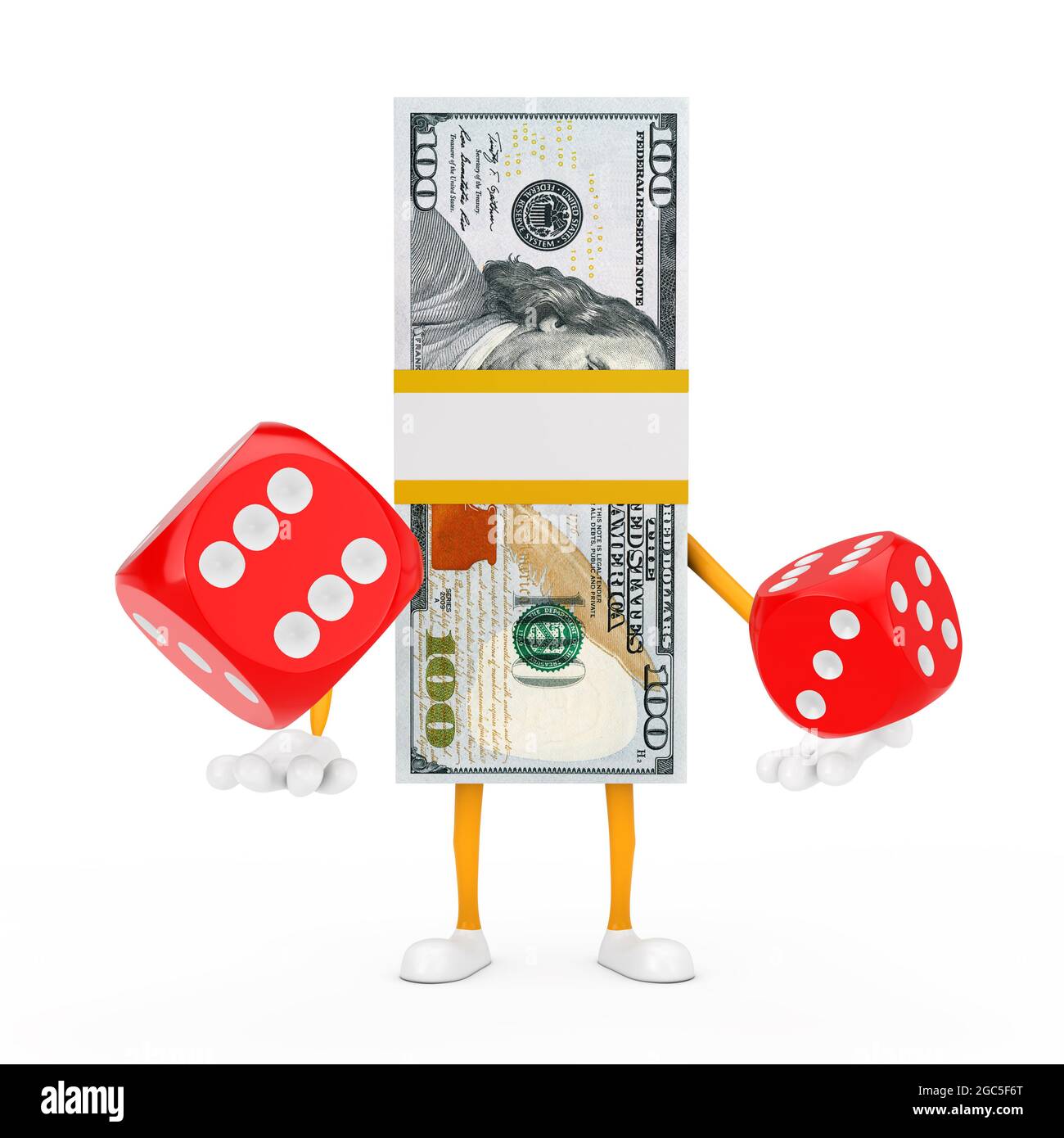 Stack of One Hundred Dollar Bills Person Character Mascot with Red Game Dice Cubes in Flight on