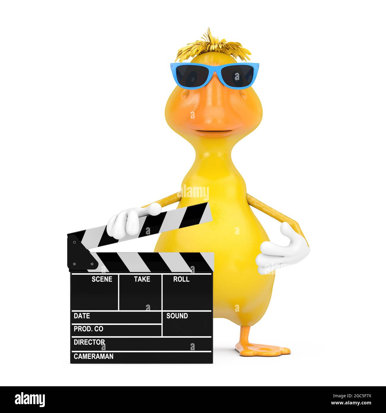 Cute Yellow Cartoon Duck Person Character Mascot with Movie Clapper ...
