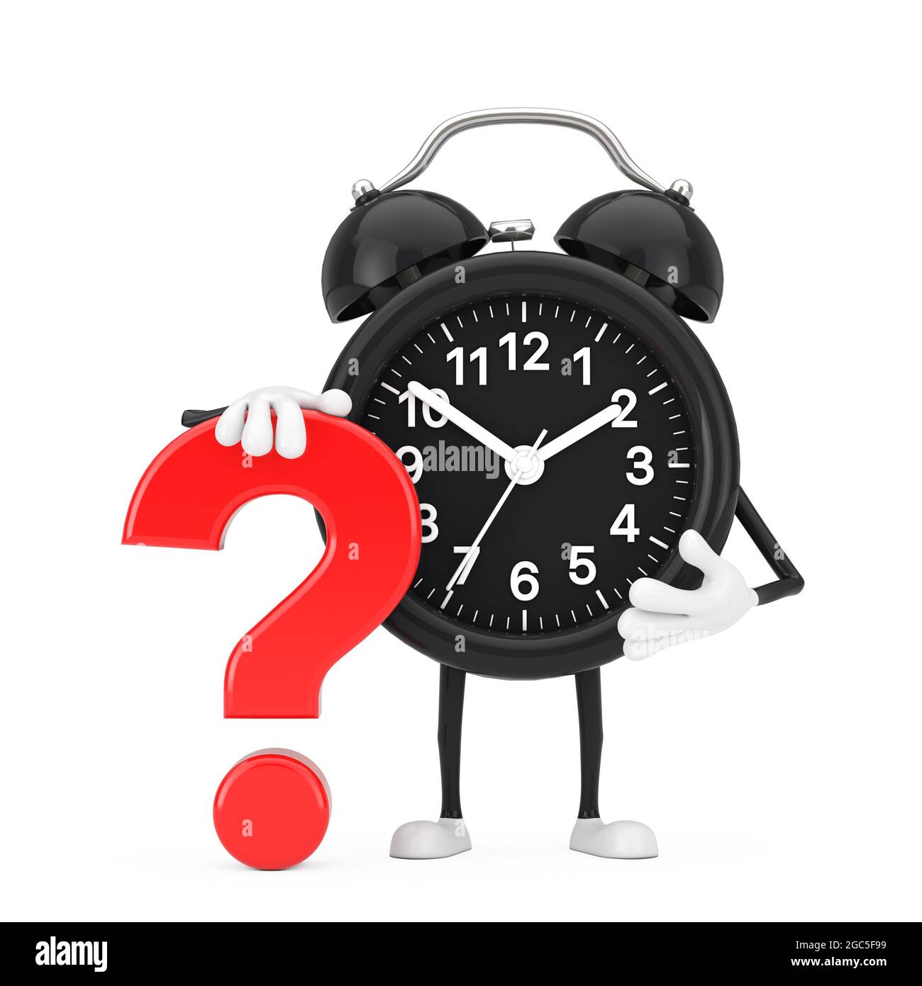 Alarm Clock Person Character Mascot with Red Question Mark Sign on a white background. 3d