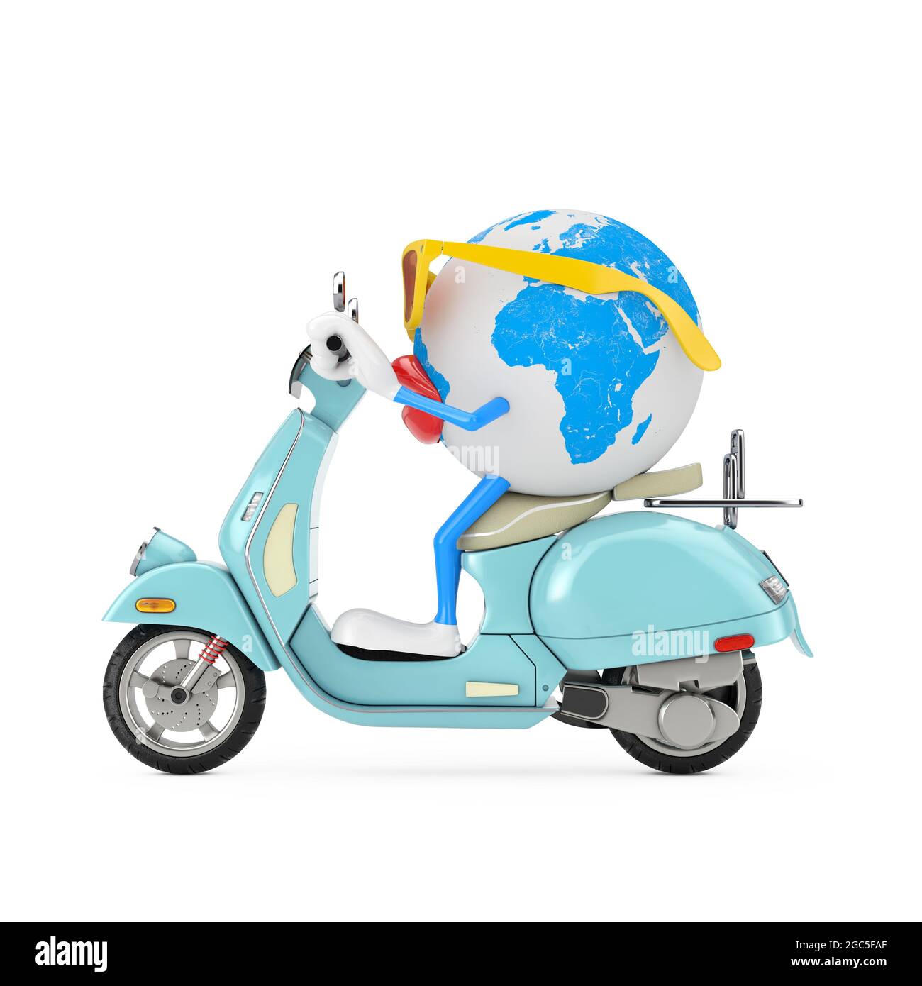 Fun Cartoon Fashion Hipster Cut Earth Globe Person Character Mascot Riding  Classic Vintage Retro or Electric Scooter on a white background. 3d Renderi  Stock Photo - Alamy