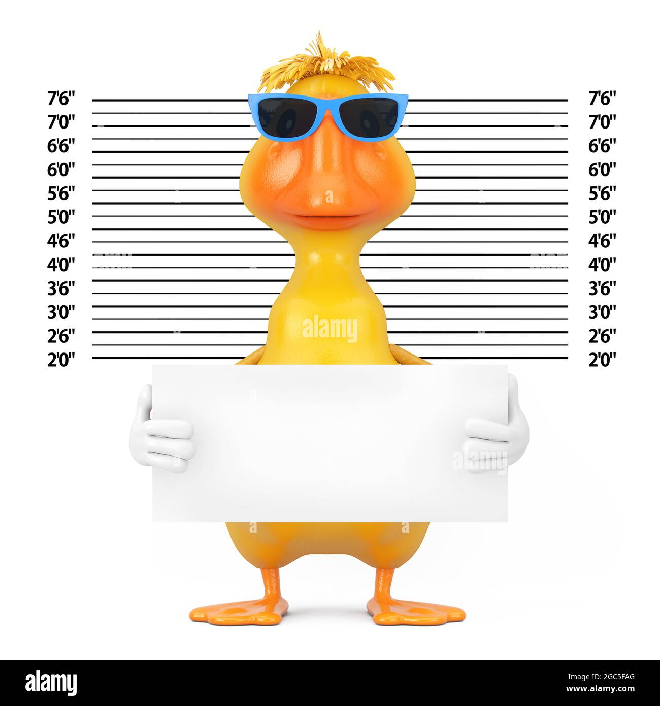 Cute Yellow Cartoon Duck Person Character Mascot with Identification Plate in front of Police Lineup or Mugshot Background extreme closeup. 3d Renderi Stock Photo