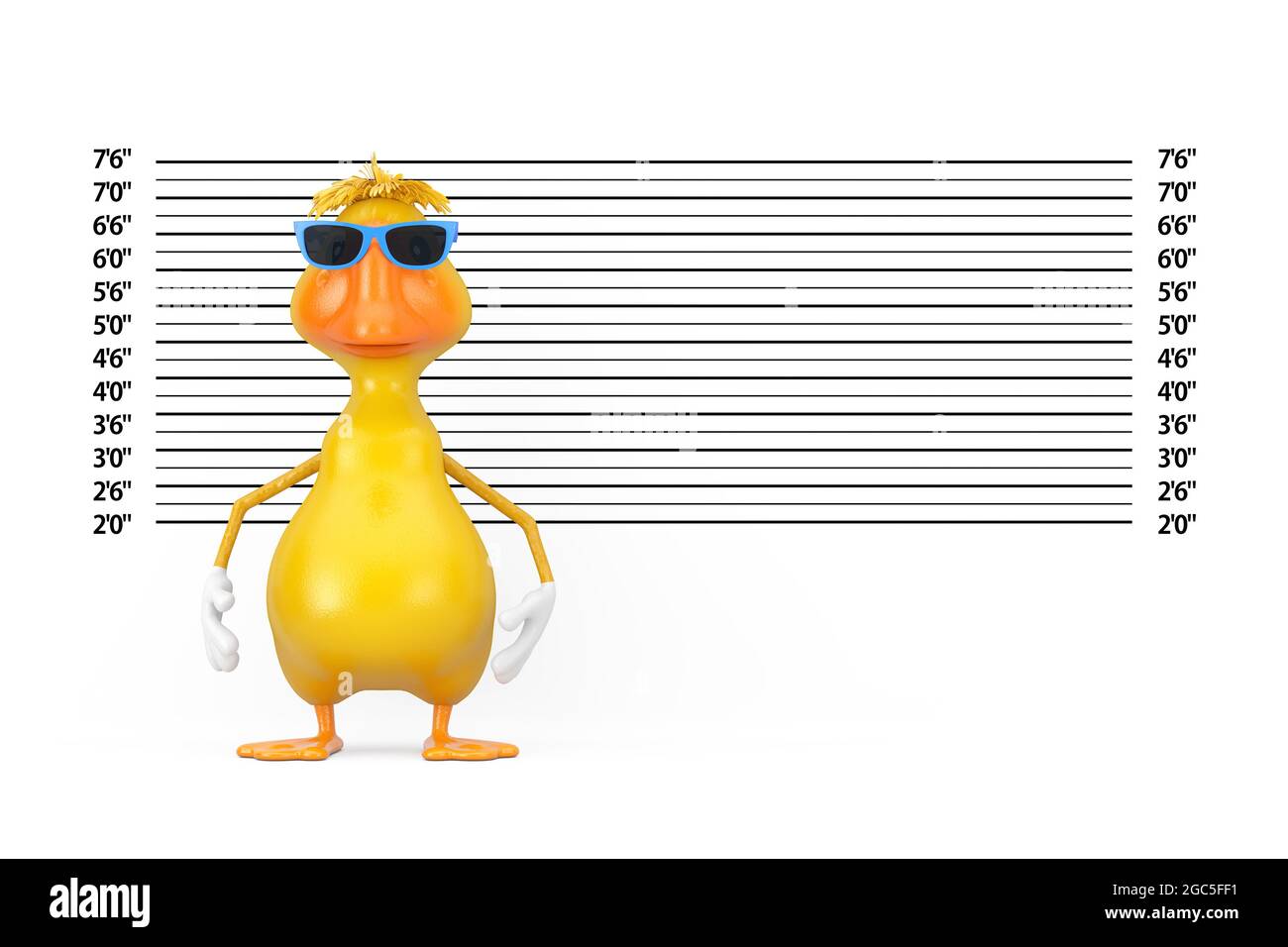 Cute Yellow Cartoon Duck Person Character Mascot  in front of Police Lineup or Mugshot Background extreme closeup. 3d Rendering Stock Photo