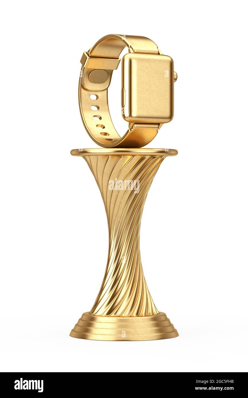 Golden Award Trophy Modern Smart Watch Mockup with Strap on a white background. 3d Rendering Stock Photo