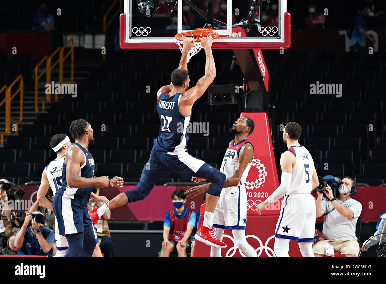 Tokyo, Japan. 06th Aug, 2021. France center Rudy Gobert #27, dunks the ball during the Men's Basketball finals at the Tokyo Olympic Games in Tokyo, Japan, on Saturday, August 7, 2021. Photo by Richard Ellis/UPI Credit: UPI/Alamy Live News Stock Photo