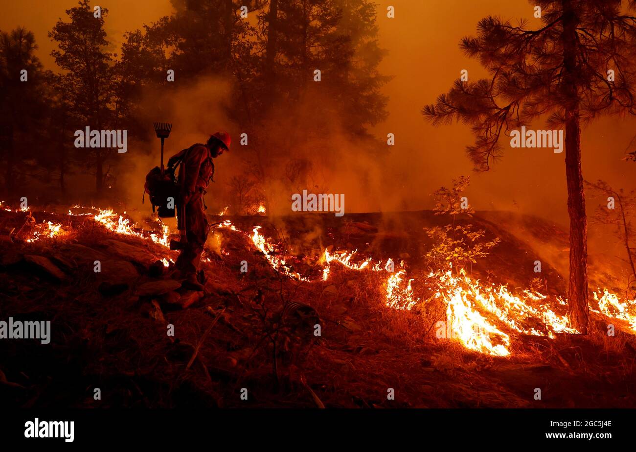 U.S. Forest Service firefighter Ben Foley lights backfires to slow the spread of the Dixie Fire, a wildfire near the town of Greenville, California, U.S. August 6, 2021. REUTERS/Fred Greaves Stock Photo
