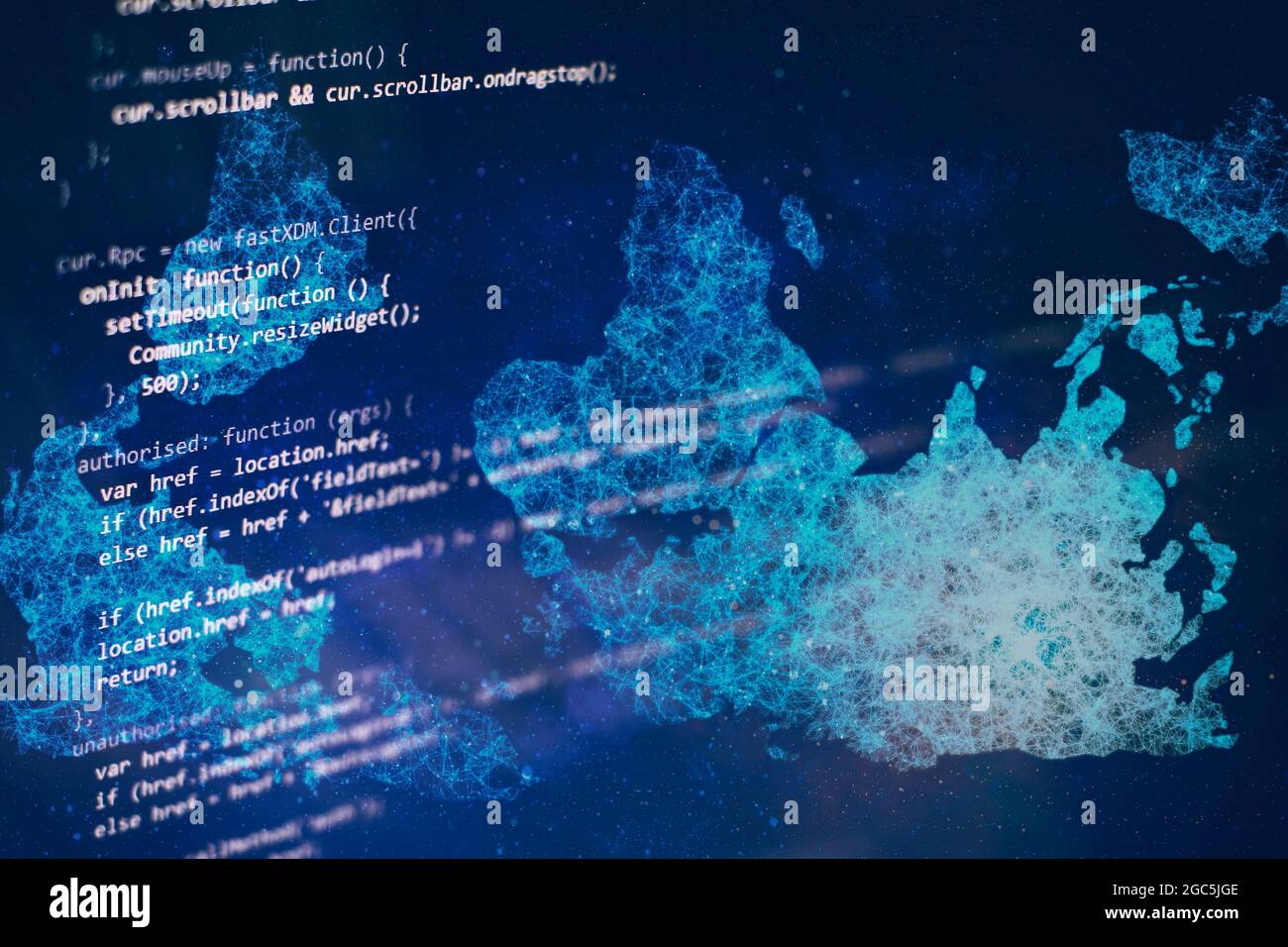 Digital tablet computer showing Stock Market index . Abstract IT technology background. Software source code. Stock Photo