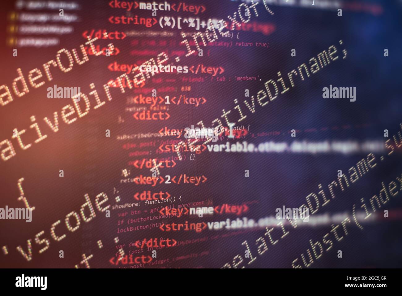 SEO optimization. Modern tech. PHP syntax highlighted. Writing programming functions on laptop. Stock Photo