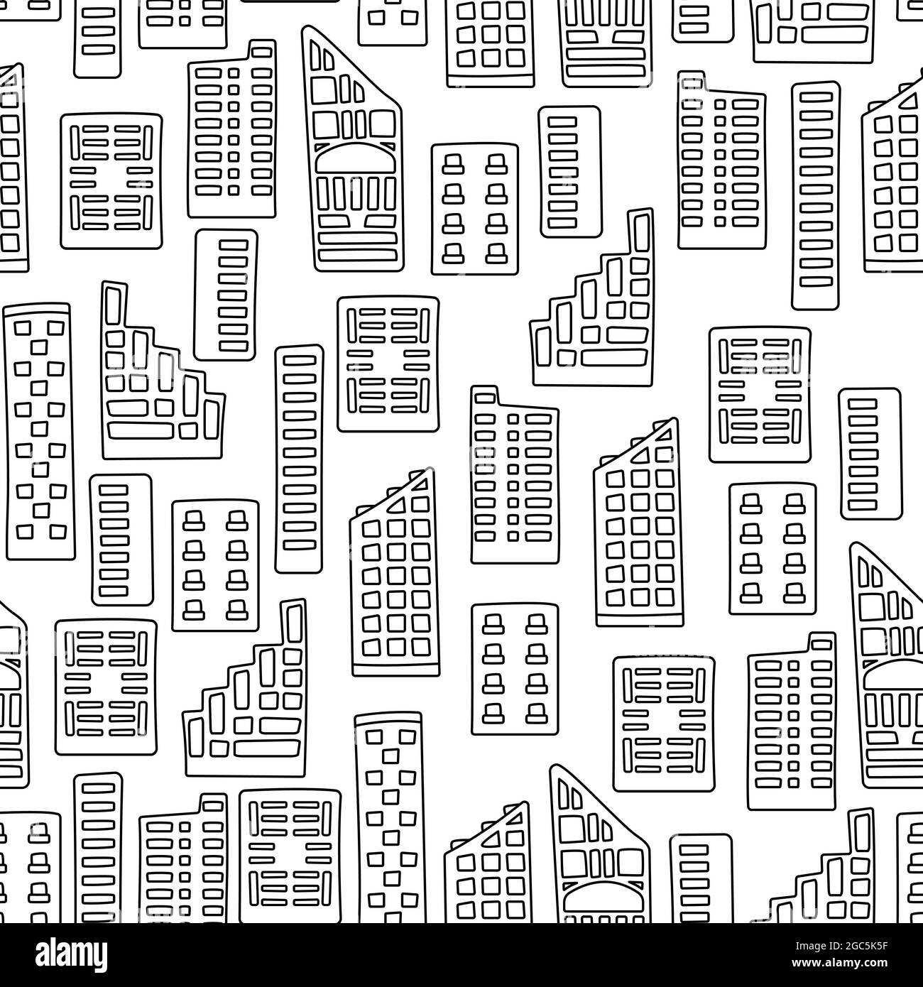 Buildings in town pattern. Urban abstract pattern. Seamless texture with city landscape, blocks and houses black line on white background. Repeat endl Stock Vector