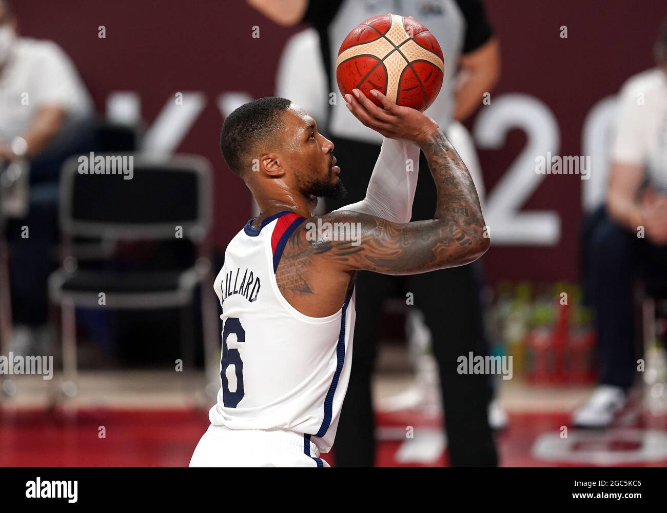 USA's Damian Lillard attempts a shot in goal during the Men's Gold