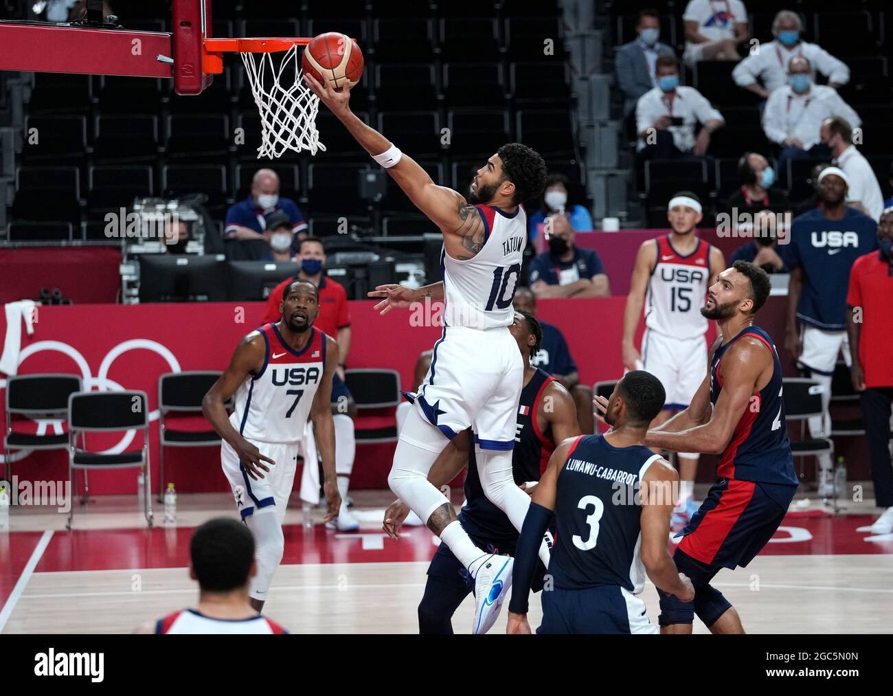 USA's Jayson Tatum scores during the Men's Gold Medal match at the Saitama Super Arena on the fifteenth day of the Tokyo 2020 Olympic Games in Japan. Picture date: Saturday August 7, 2021. Stock Photo