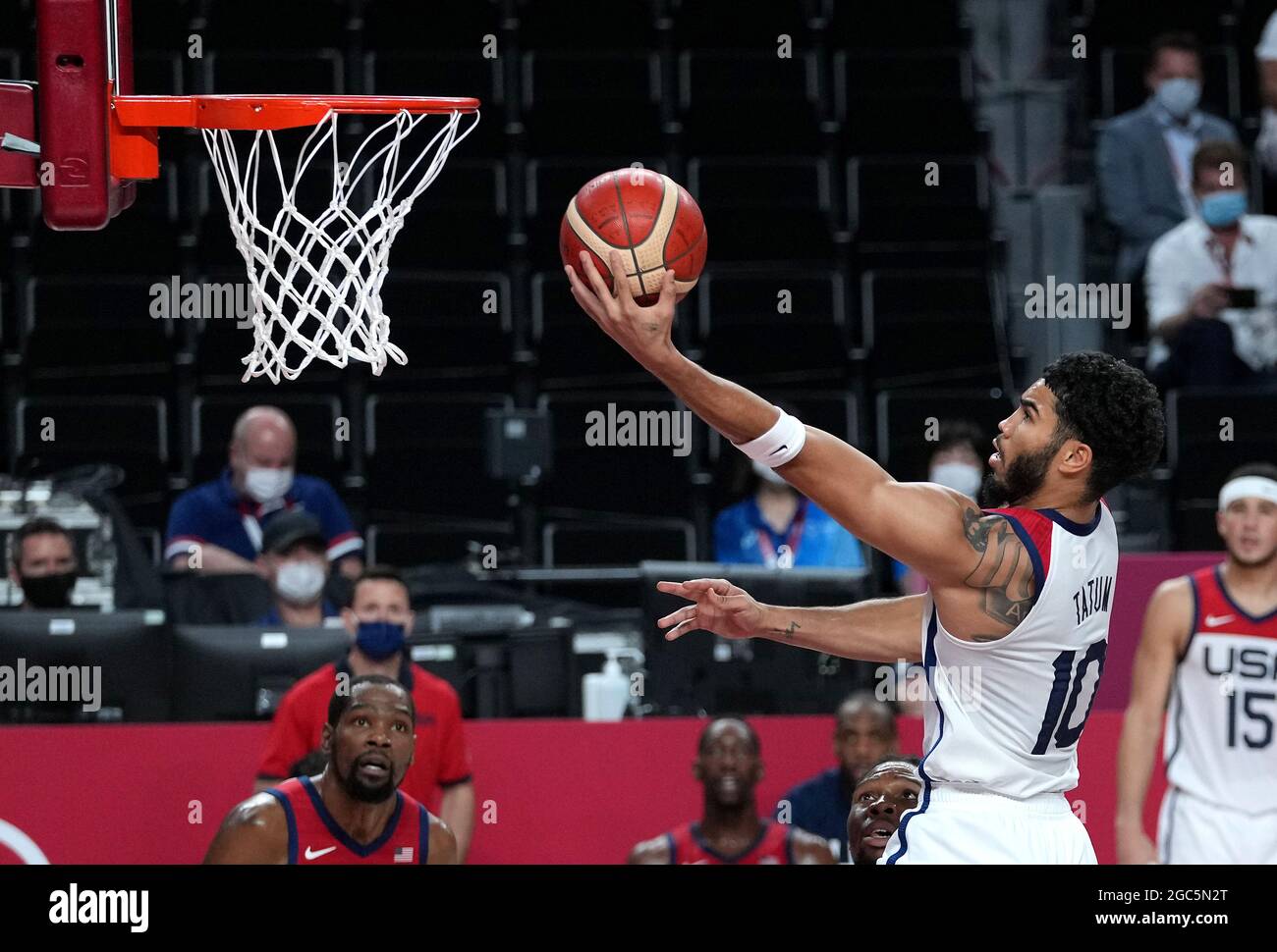 USA's Jayson Tatum scores during the Men's Gold Medal match at the Saitama Super Arena on the fifteenth day of the Tokyo 2020 Olympic Games in Japan. Picture date: Saturday August 7, 2021. Stock Photo