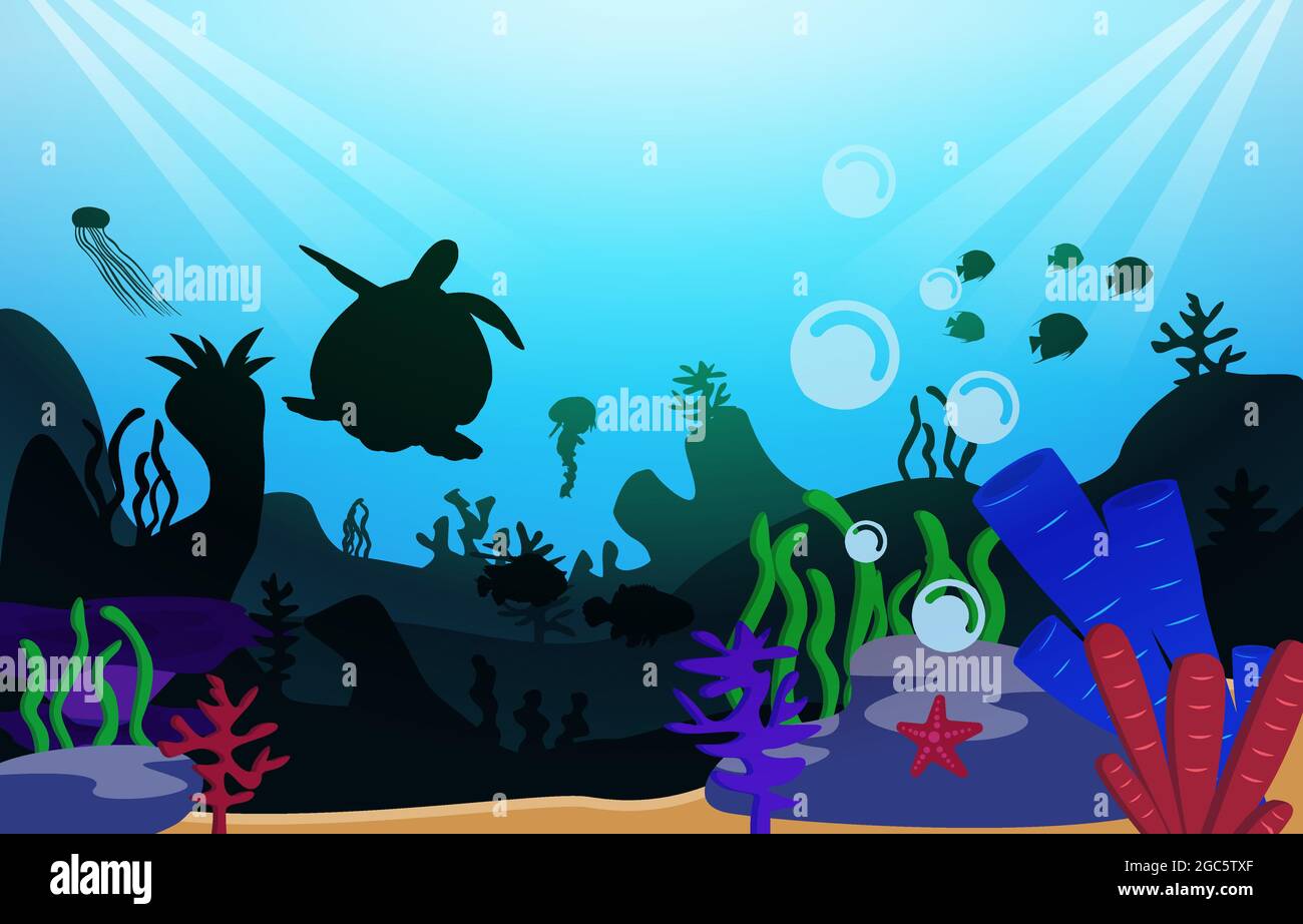 Wildlife Turtle Fish Sea Ocean Underwater Aquatic Flat Illustration Stock Vector