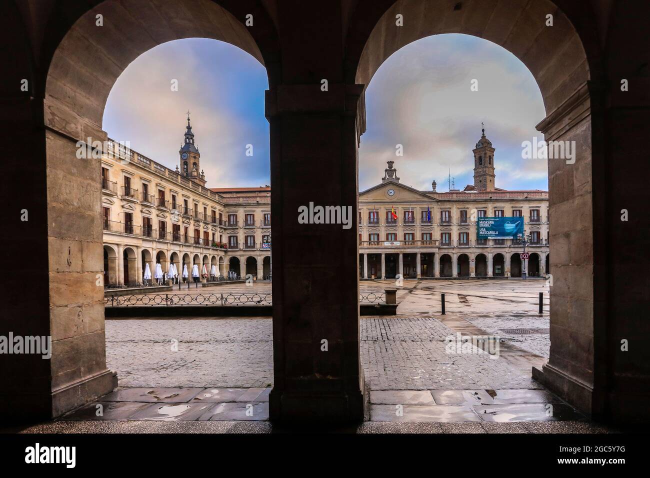 Plaza Nueva or Spanish Plaza in the Basque town of Vitoria. The square ...