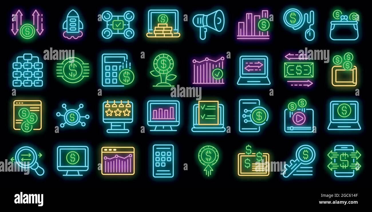 Monetization icons set. Outline set of monetization vector icons neon ...
