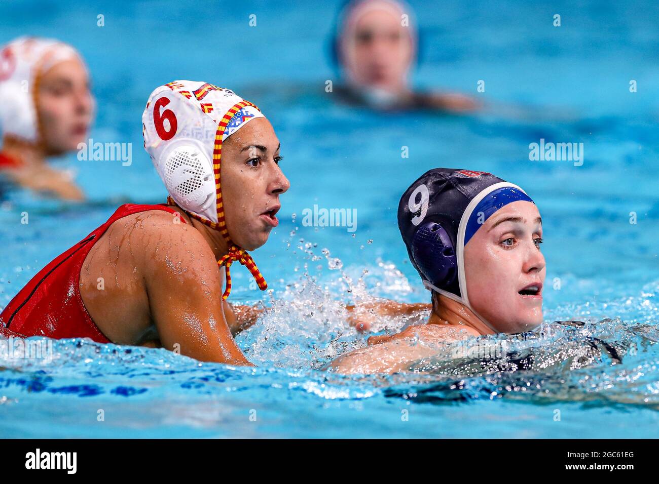 Tokyo, Japan. 07th Aug, 2021. TOKYO, JAPAN - AUGUST 7: Irene Gonzalez of Spain, Aria Fischer of United States during the Tokyo 2020 Olympic Waterpolo Tournament Women's Gold Medal match between Spain and United States at Tatsumi Waterpolo Centre on August 7, 2021 in Tokyo, Japan (Photo by Marcel ter Bals/Orange Pictures) Credit: Orange Pics BV/Alamy Live News Stock Photo