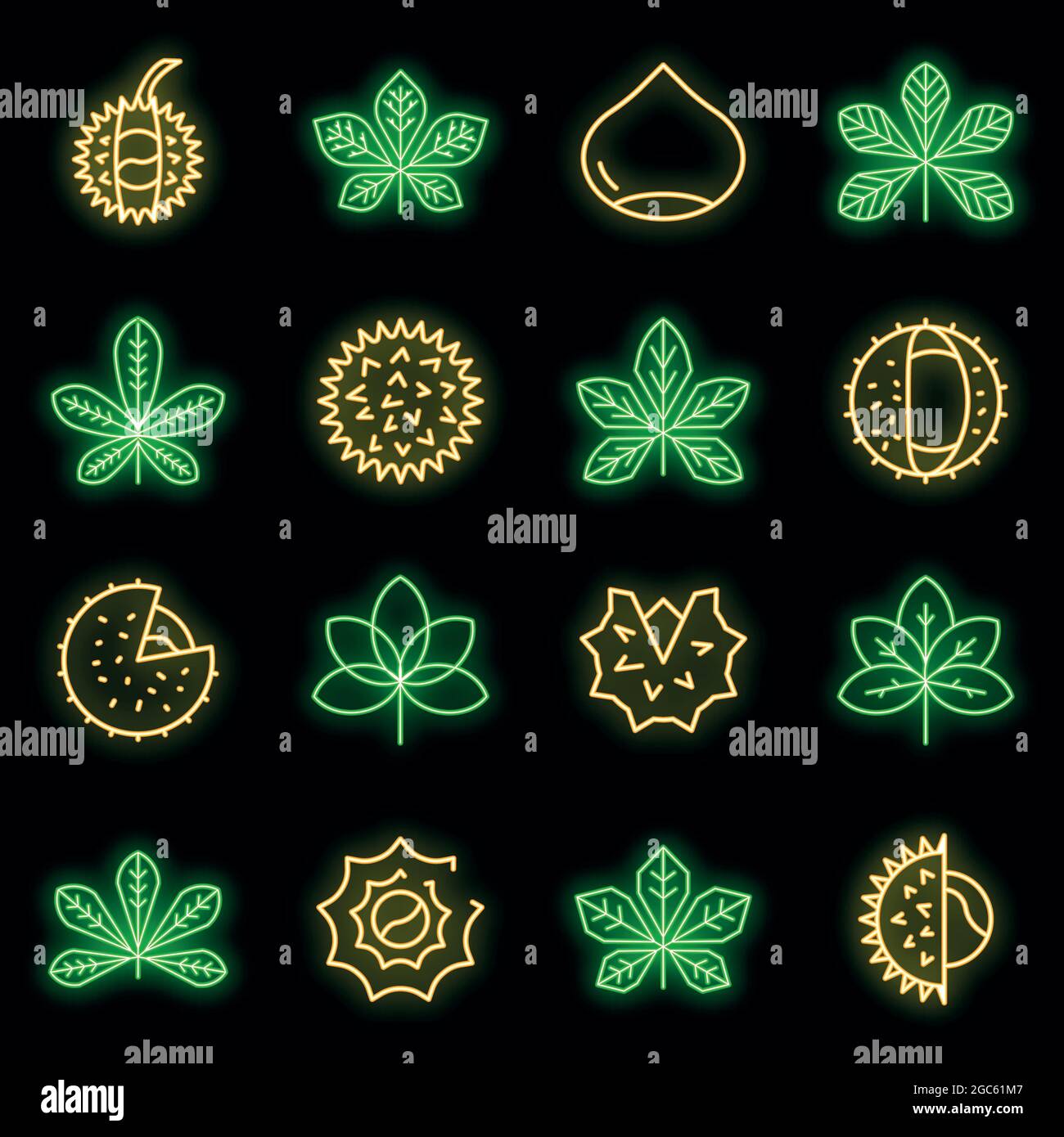 Chestnut icons set. Outline set of chestnut vector icons neon color on ...