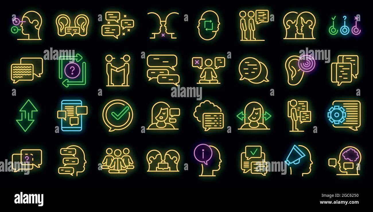 Discussion icons set. Outline set of discussion vector icons neon color ...