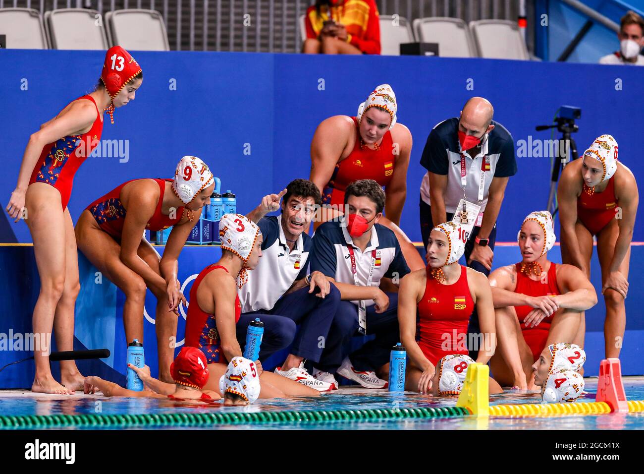 Tokyo, Japan. 07th Aug, 2021. TOKYO, JAPAN - AUGUST 7: head coach Miki Oca of Spain, assistant coach Jordi Valls Nart of Spain, assistant coach Angel Luis Andreo Gaban of Spain, Elena Sanchez of Spain, Paula Leiton of Spain, Maica Garcia of Spain, Roser Tarrago of Spain, Judith Forca of Spain, Irene Gonzalez of Spain, Elena Ruiz of Spain, Bea Ortiz of Spain, Anni Espar of Spain, Marta Bach of Spain, Laura Ester of Spain, Maria Del Pilar Pena of Spain during the Tokyo 2020 Olympic Waterpolo Tournament Women's Gold Medal match between Spain and United States at Tatsumi Waterpolo Centre on August Stock Photo