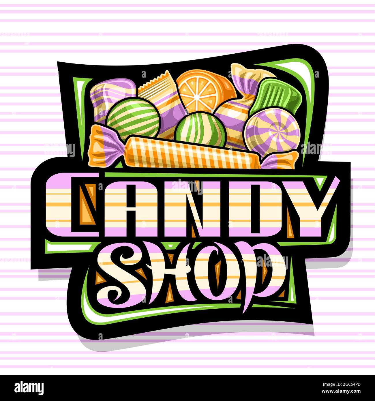 Vector logo for Candy Shop, dark decorative sign board with illustration of assorted wrapping and striped cute candies, poster with unique brush lette Stock Vector