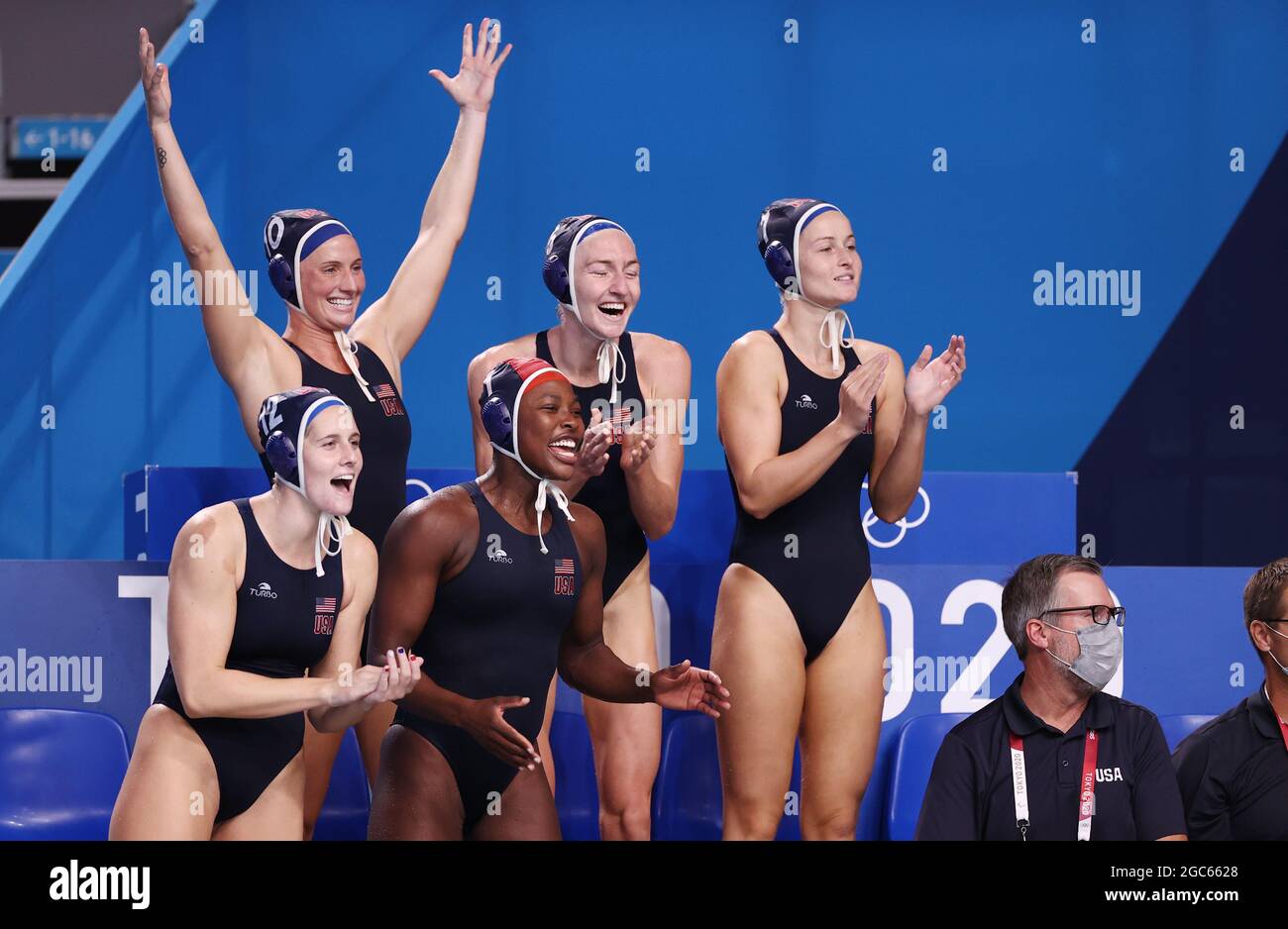 Tokyo 2020 Olympics - Water Polo - Women - Gold medal match - Spain v United States - Tatsumi Water Polo Centre, Tokyo, Japan - August 7, 2021. Alys Williams of the United States, Kaleigh Gilchrist of the United States, Ashleigh Johnson of the United States, Paige Hauschild of the United States and Stephanie Haralabidis of the United States celebrate after winning gold REUTERS/Gonzalo Fuentes Stock Photo