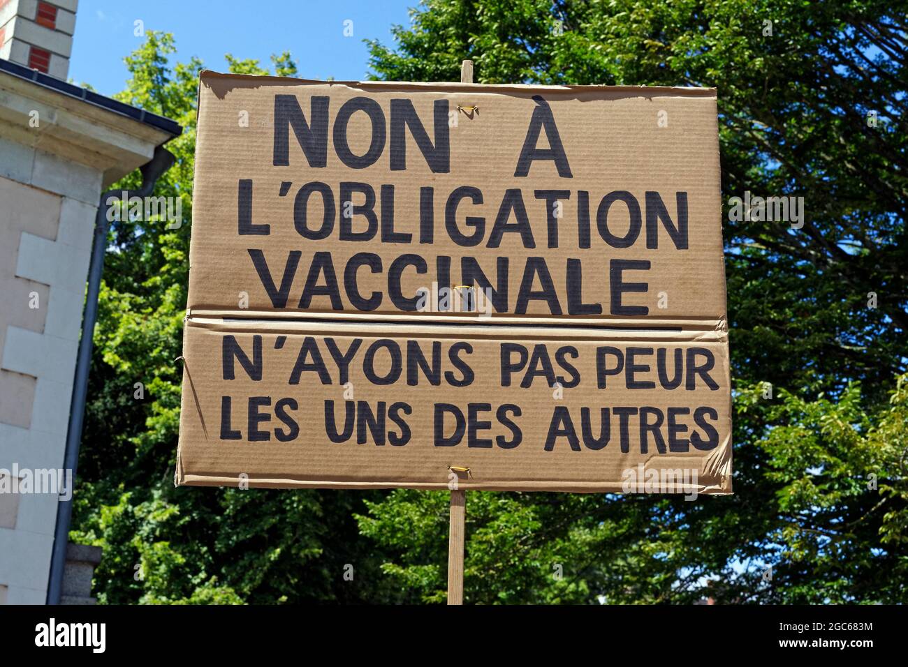 Covid sanitary protest against sanitaty pass and against mandatory vaccination. Laval (Loire country, France), july 2021 Stock Photo
