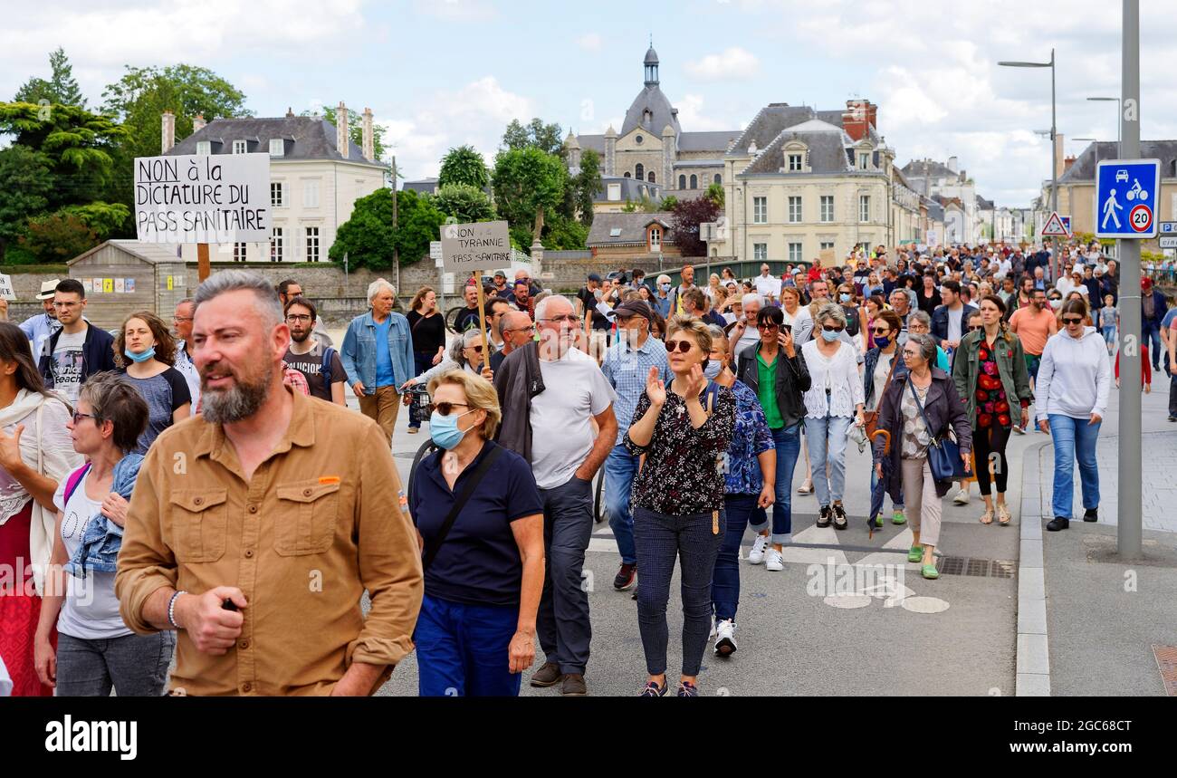 Covid sanitary protest against sanitaty pass and against mandatory vaccination. Laval (Loire country, France). July 2021. Stock Photo