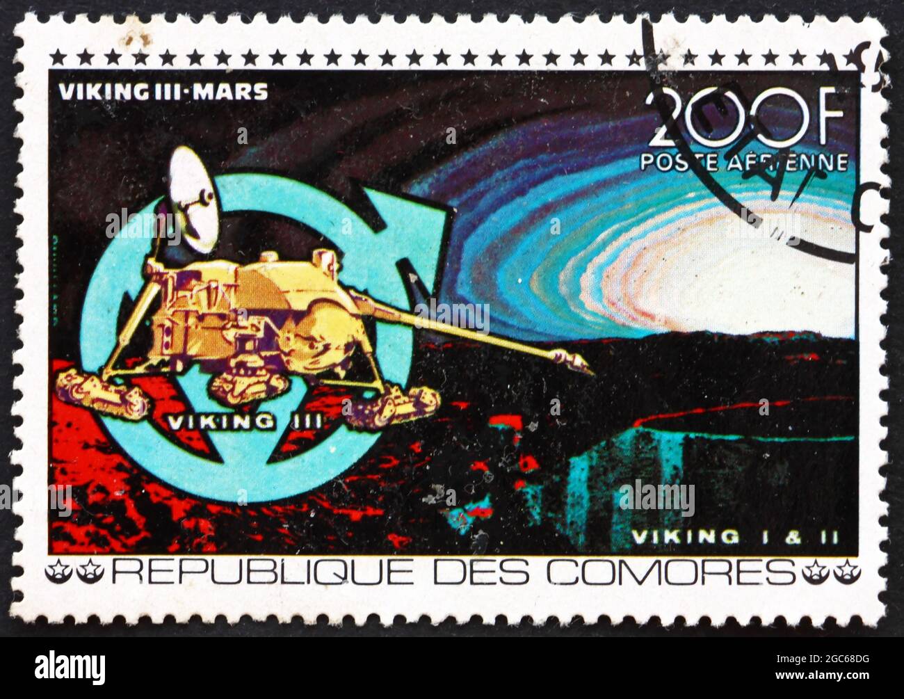 COMOROS - CIRCA 1977: a stamp printed in Comoros shows Viking III, Mars, Space Exploration, circa 1977 Stock Photo