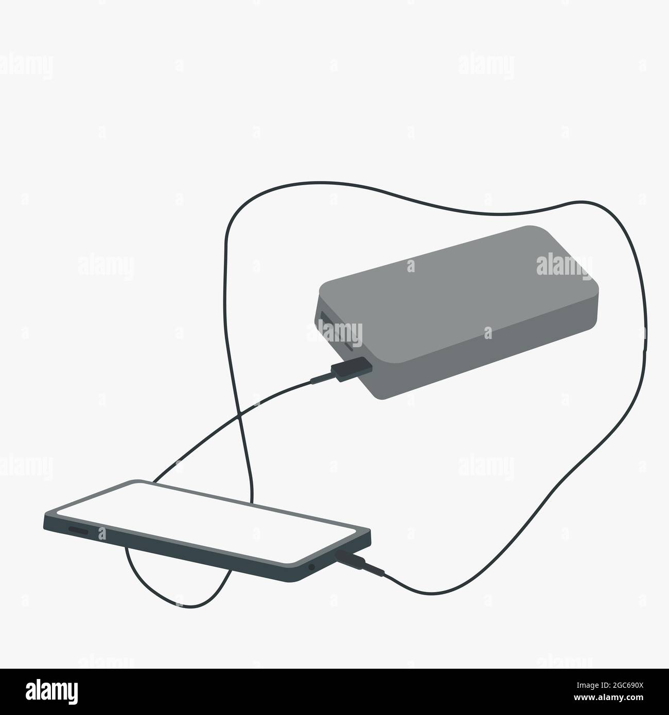 Smartphone is charged using an external battery. Vector flat