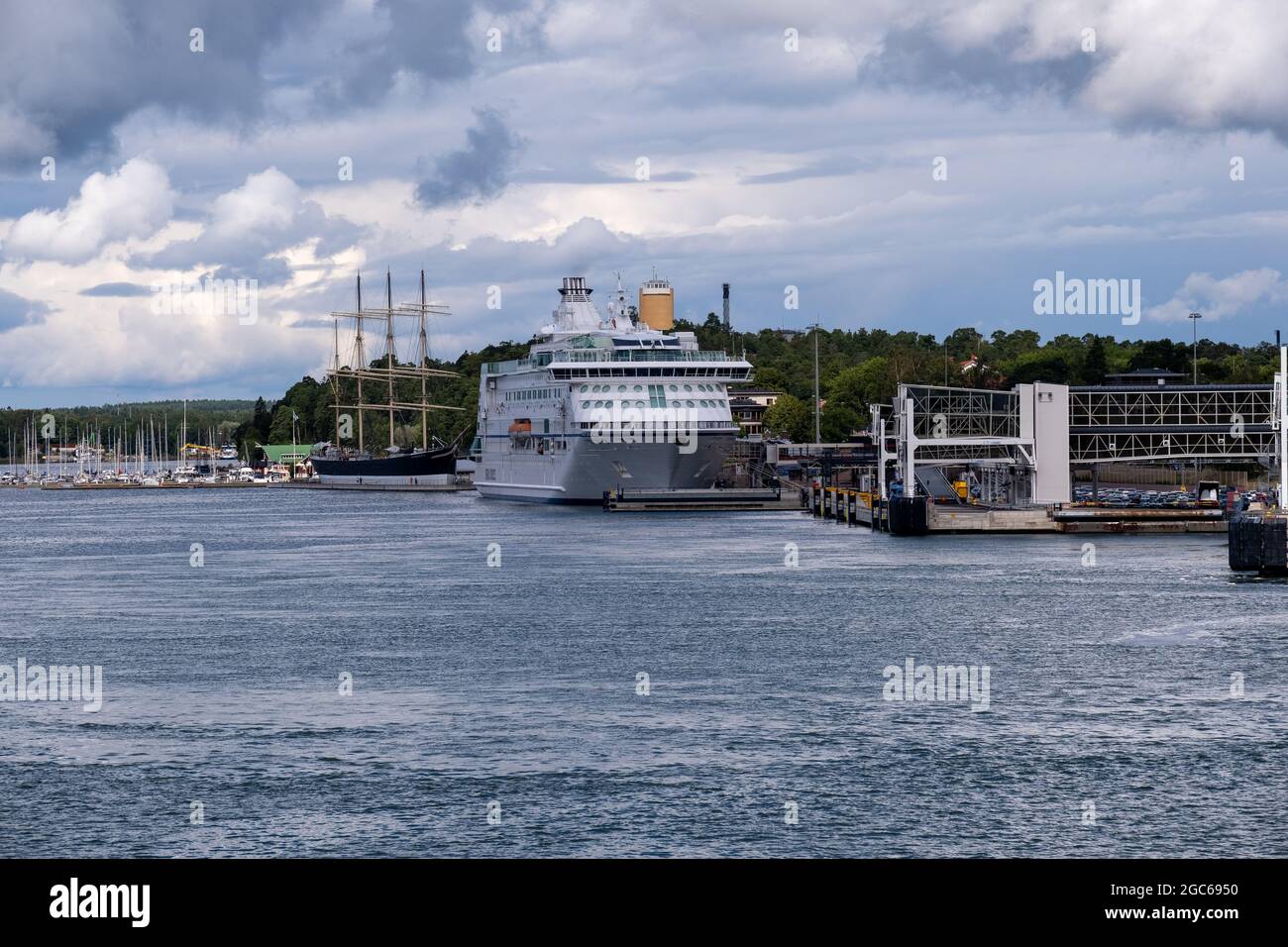Maarianhamina / Finland - JULY 30, 2021: MV Birka Stockholm moored at the Maarianhamina Harbor. The vessel was operated by bankcrupted Birka Cruises, Stock Photo