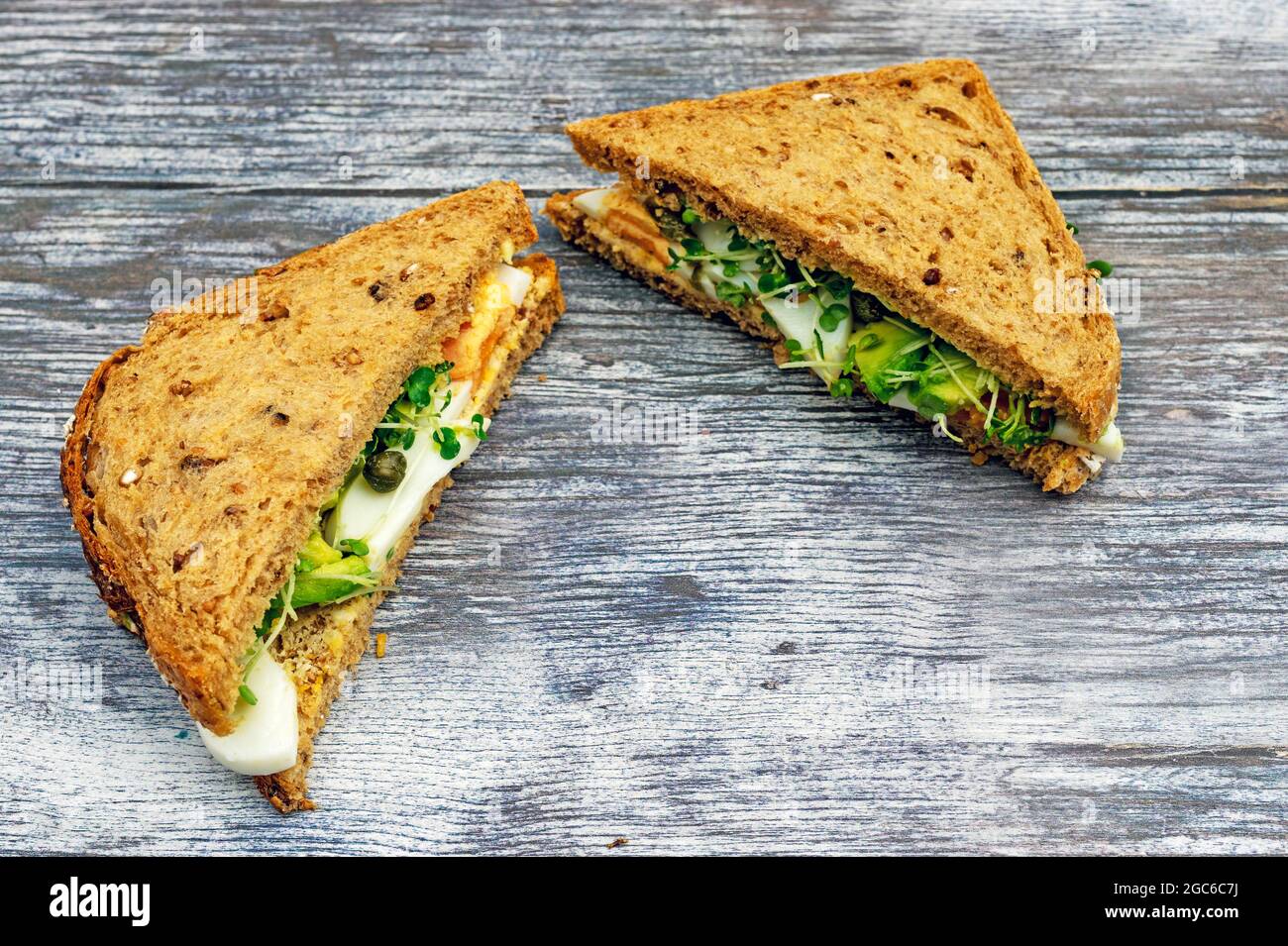 Egg and cress sandwich on wholemeal sliced bread Stock Photo