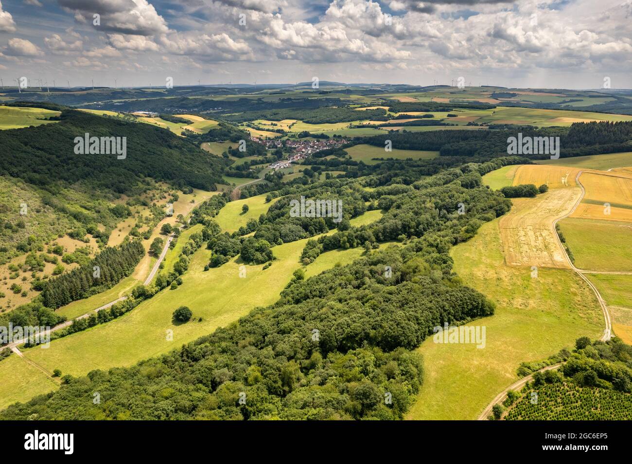 Aerial view of a landscape in Rhineland-Palatinate, Germany on the river Glan with the village Breitenheim in the background Stock Photo