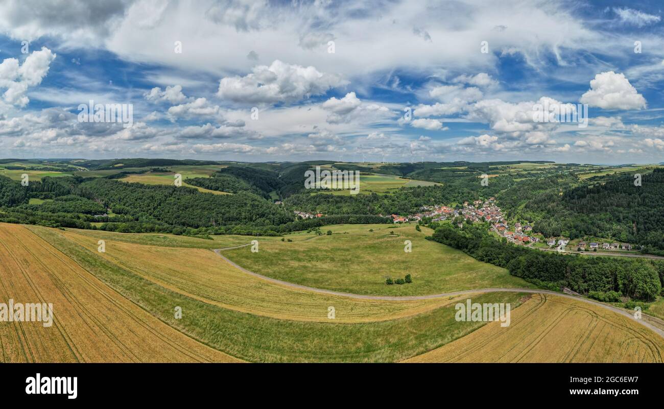 Aerial view of a landscape in Rhineland-Palatinate, Germany on the river Glan with the village Jeckenbach in the background Stock Photo