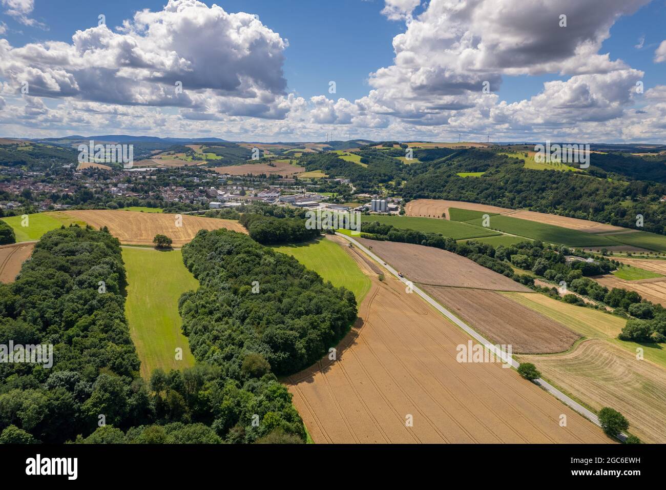 Aerial view of a landscape in Rhineland-Palatinate, Germany on the river Glan with the town of Meisenheim in the background Stock Photo