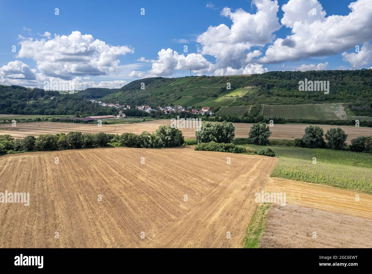 Aerial view of a landscape in Rhineland-Palatinate, Germany on the river Glan with the village of Raumbach in the background Stock Photo