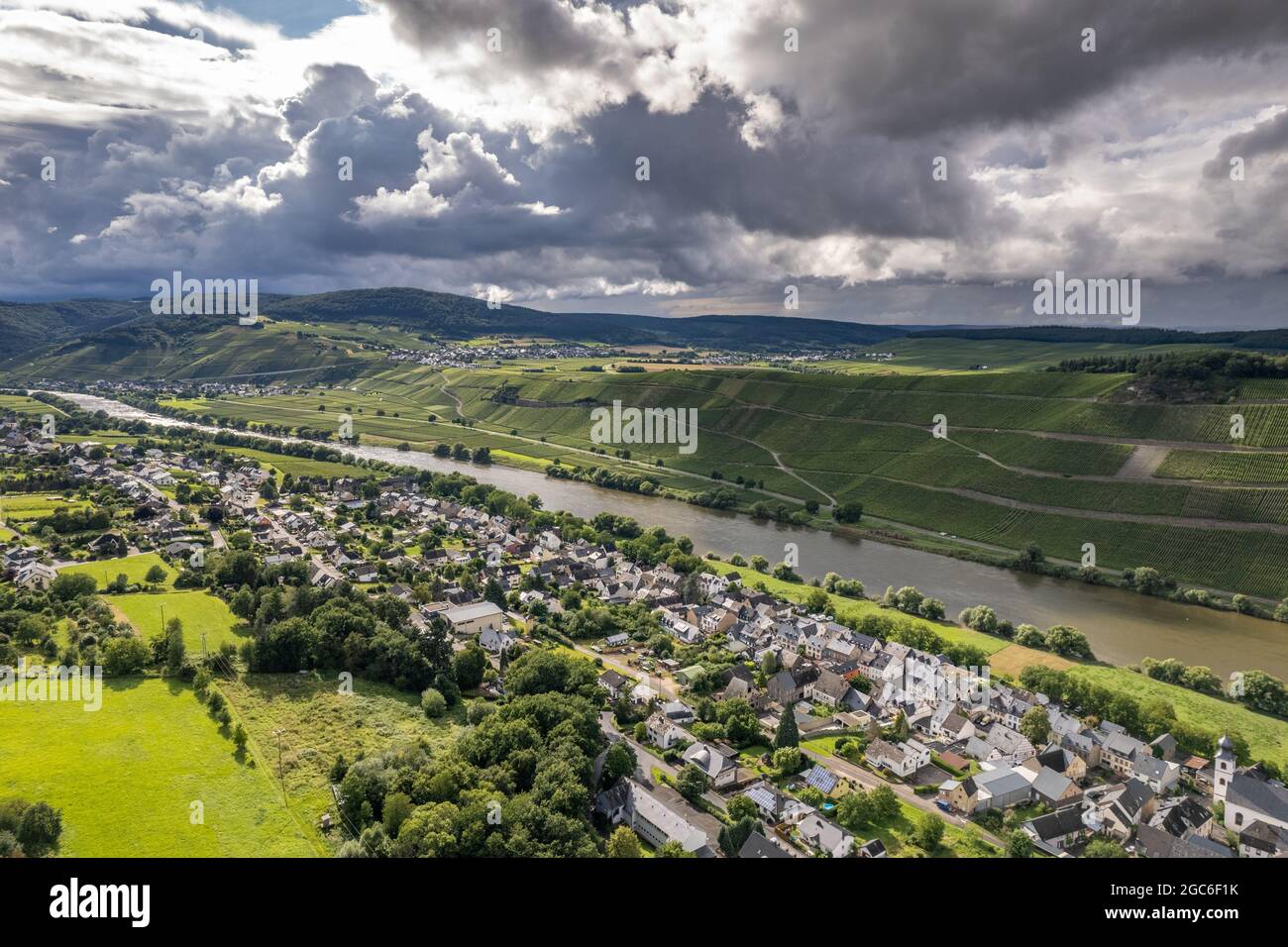 Aerial view of a landscape in Rhineland-Palatinate, Germany on the river Moselle with the village Brauneberg Stock Photo
