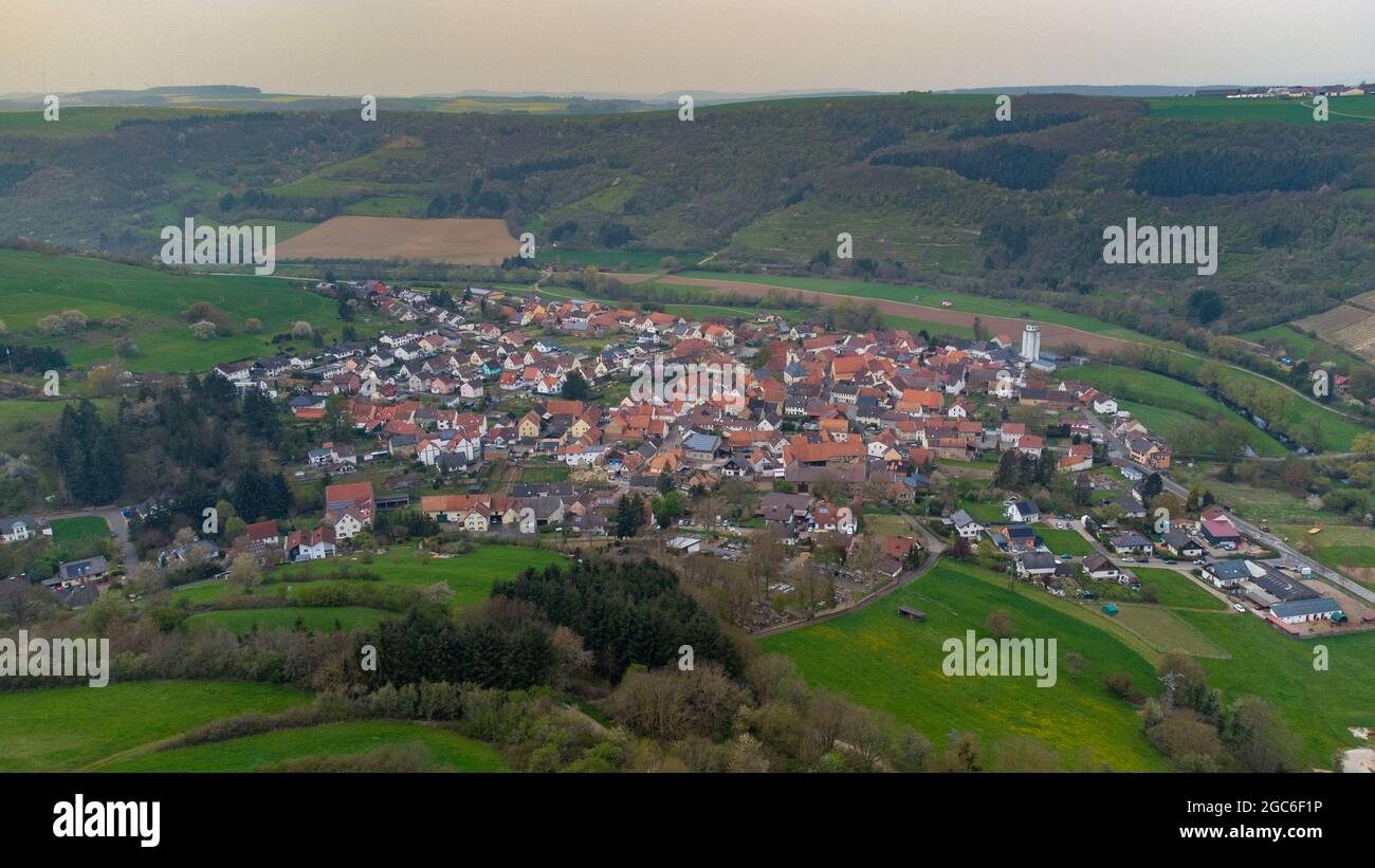 Aerial view of a landscape in Rhineland-Palatinate, Germany on the river Glan with the village Rehborn Stock Photo