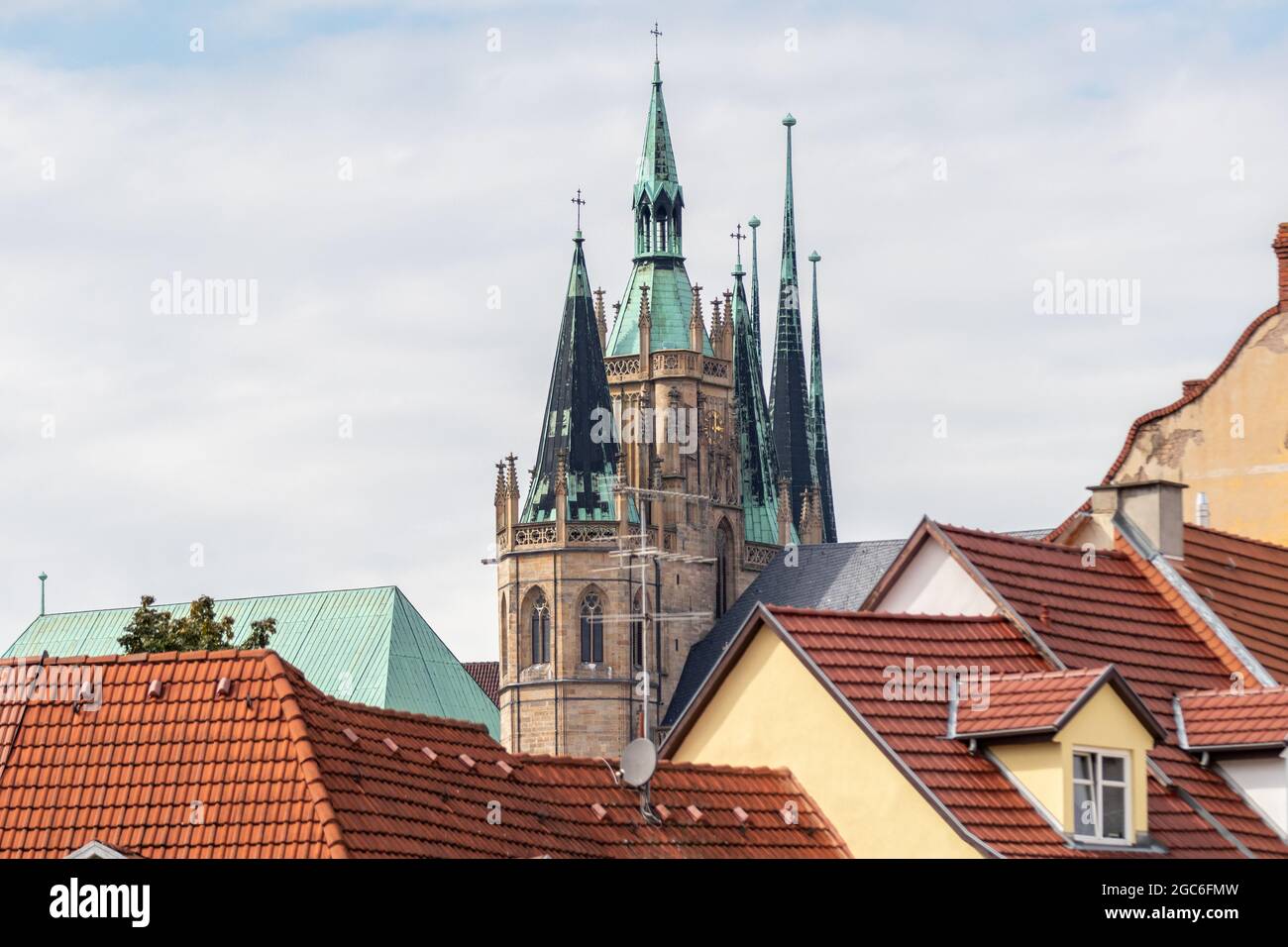 View over the red roofs to the towers of the cathedral in Erfurt, thuringia Stock Photo