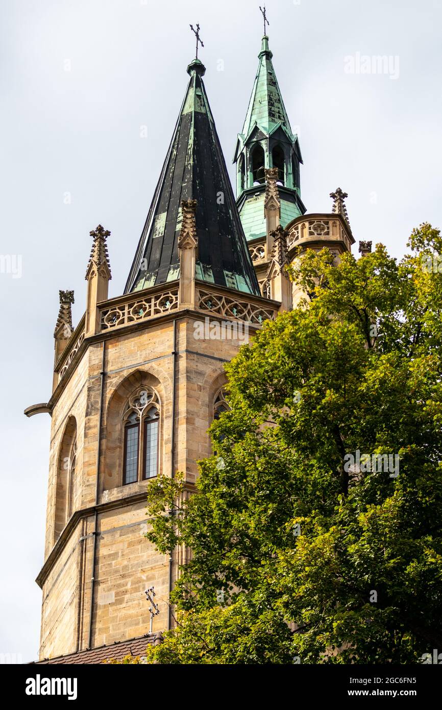 View at the top of the towers of the cathedral in Erfurt, thuringia Stock Photo