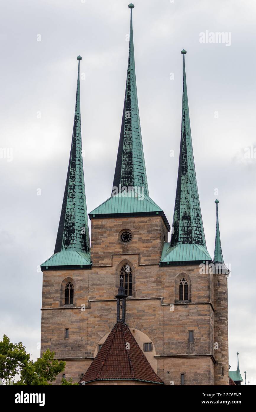 View of the towers of the Severi church in Erfurt, Thuringia Stock Photo