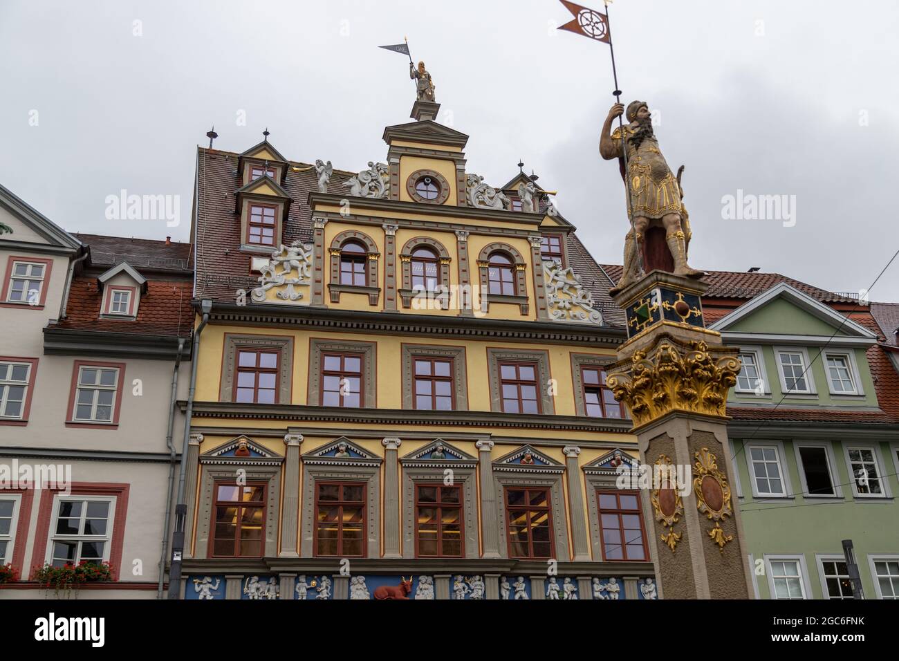 Sculpture of a warrior in front of a historic building on the fish market in Erfurt, thuringia Stock Photo