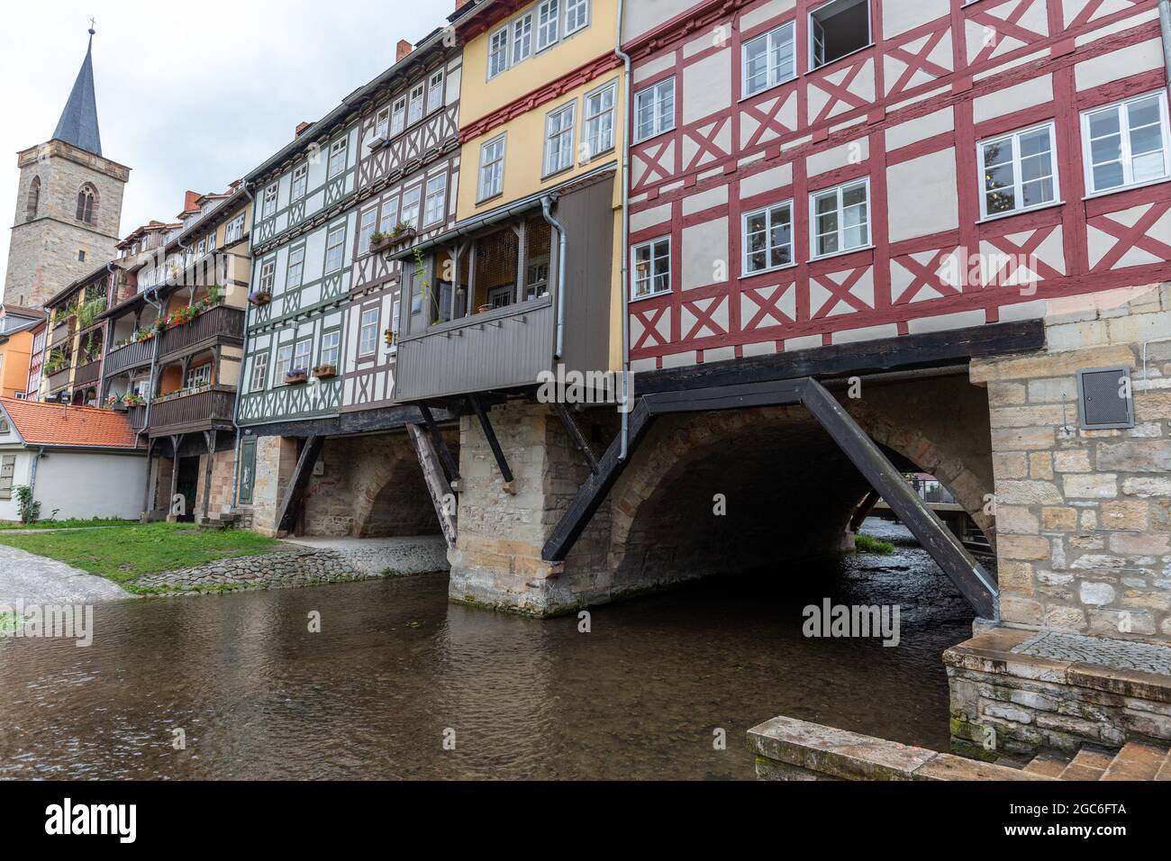 Facades of historic half-timbered houses on Krämerbrücke in Erfurt, thuringia Stock Photo