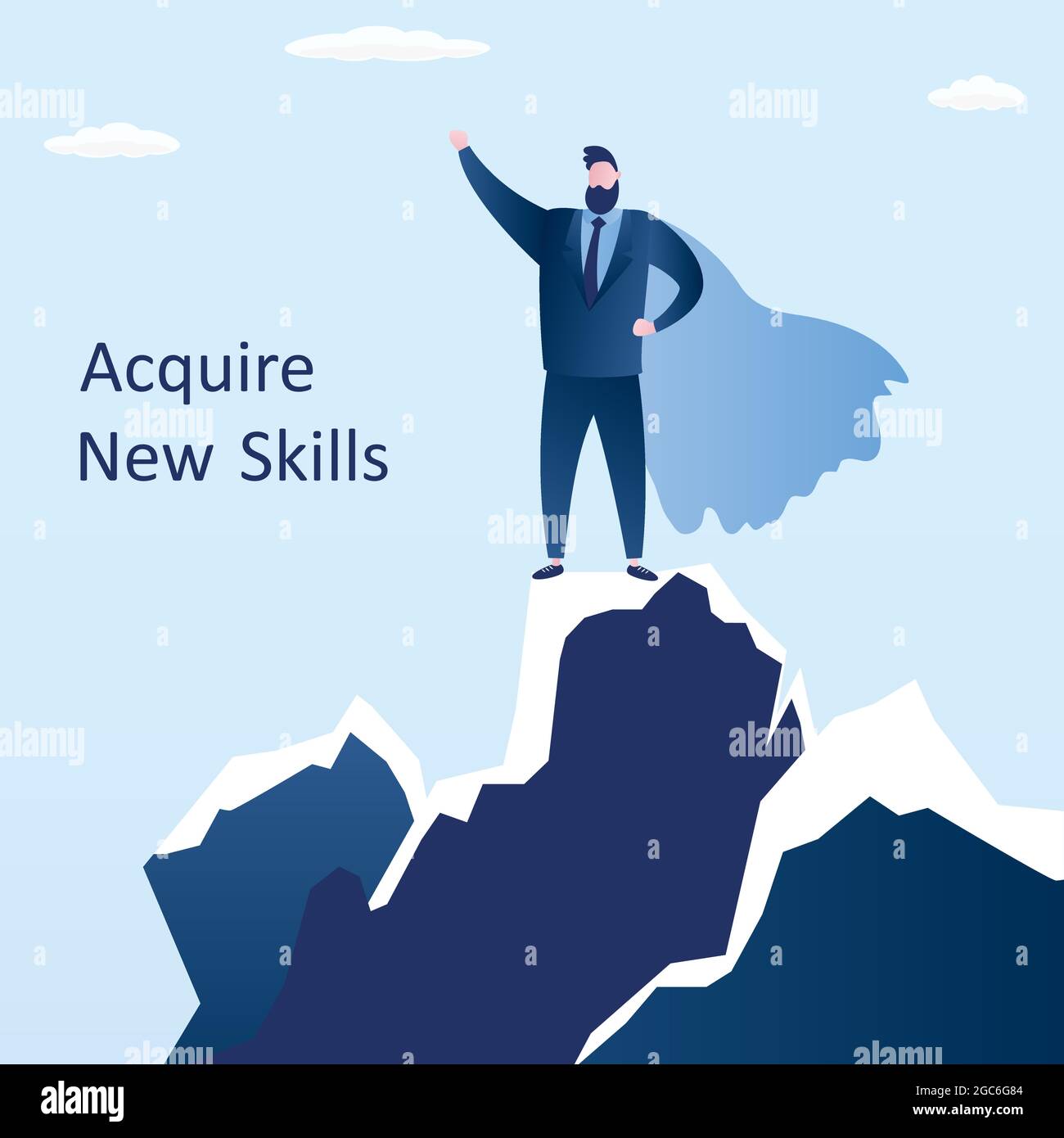 Happy businessman looking how superhero standing on top of mountain ...